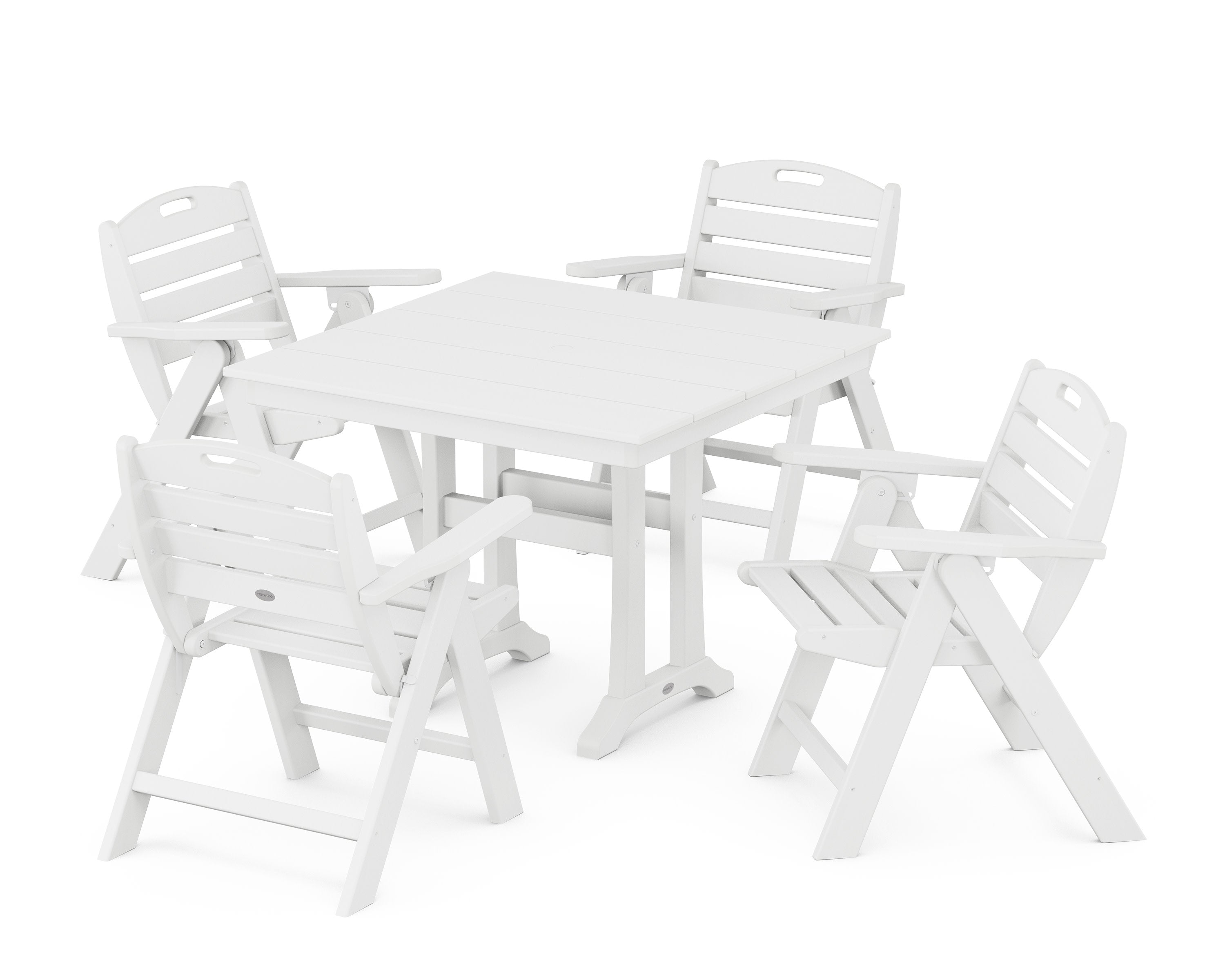 Nautical Folding Lowback Chair 5-Piece Farmhouse Dining Set With Trestle Legs in White