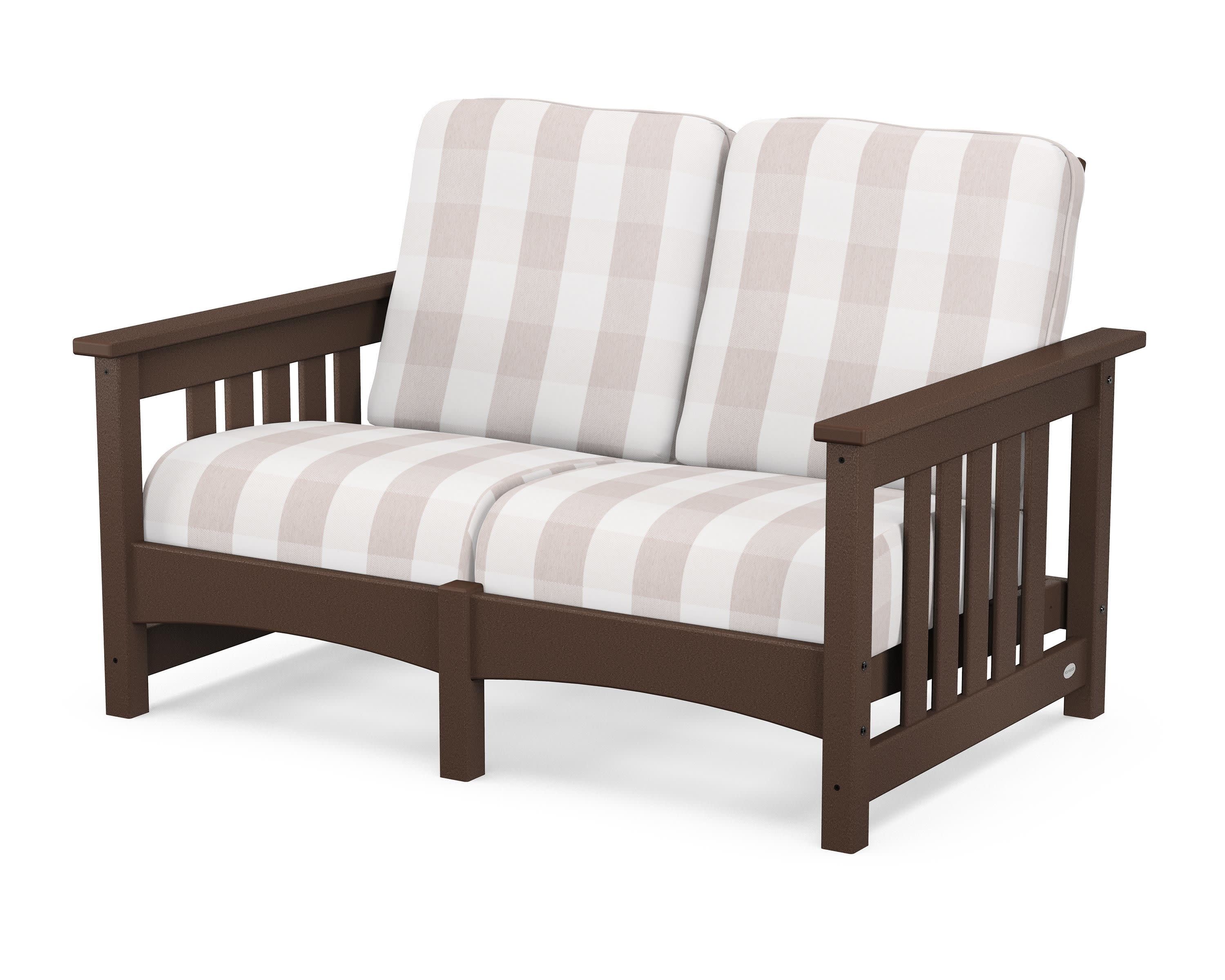 Club Mission Loveseat in Mahogany / Buffalo Plaid Dune Burlap