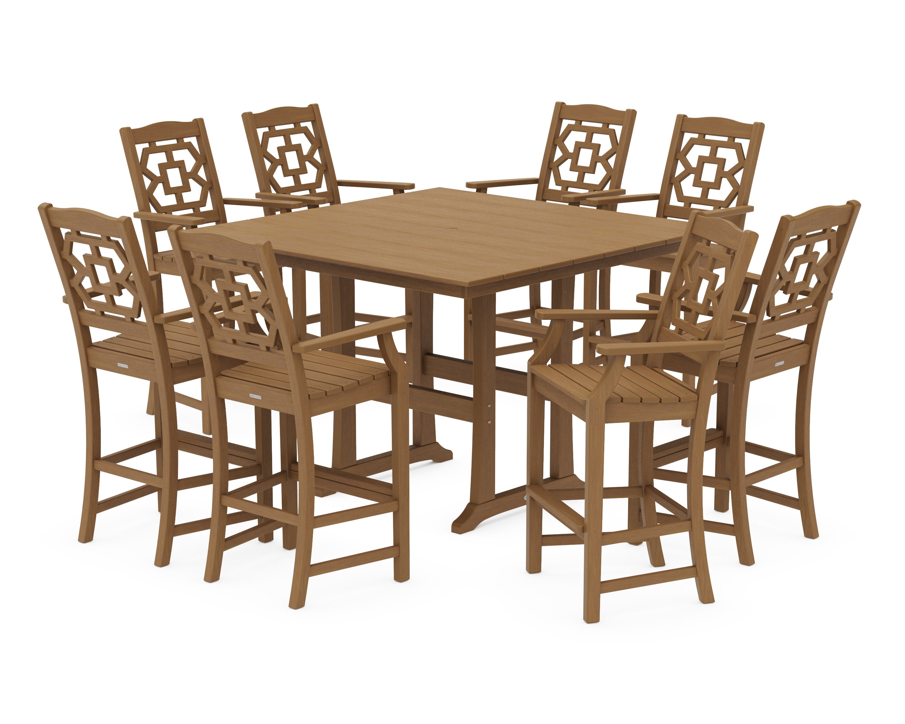 Chinoiserie 9-Piece Square Farmhouse Side Chair Bar Set with Trestle Legs in Natural