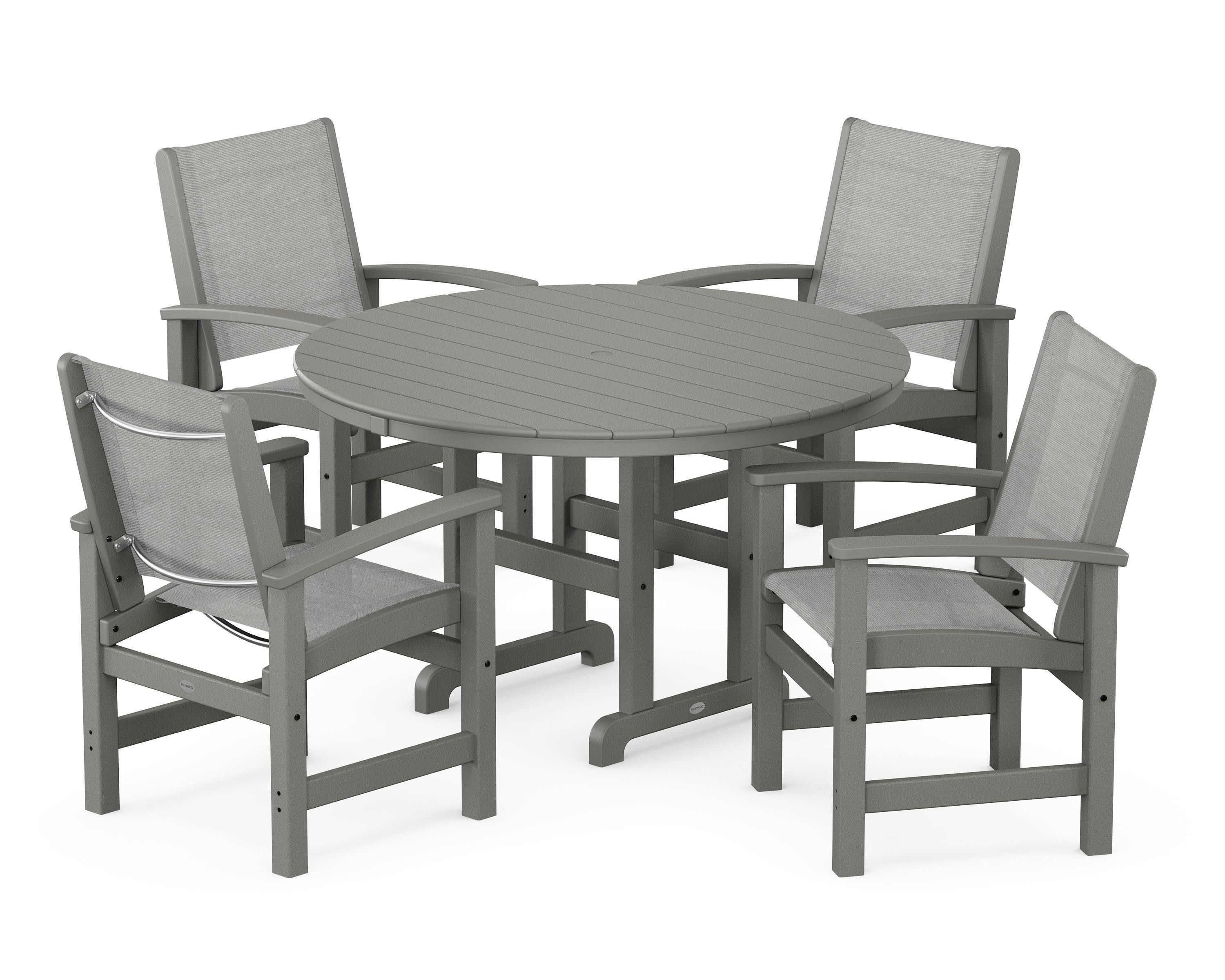 Coastal 5-Piece Round Farmhouse Dining Set in Slate Grey / Metallic Sling