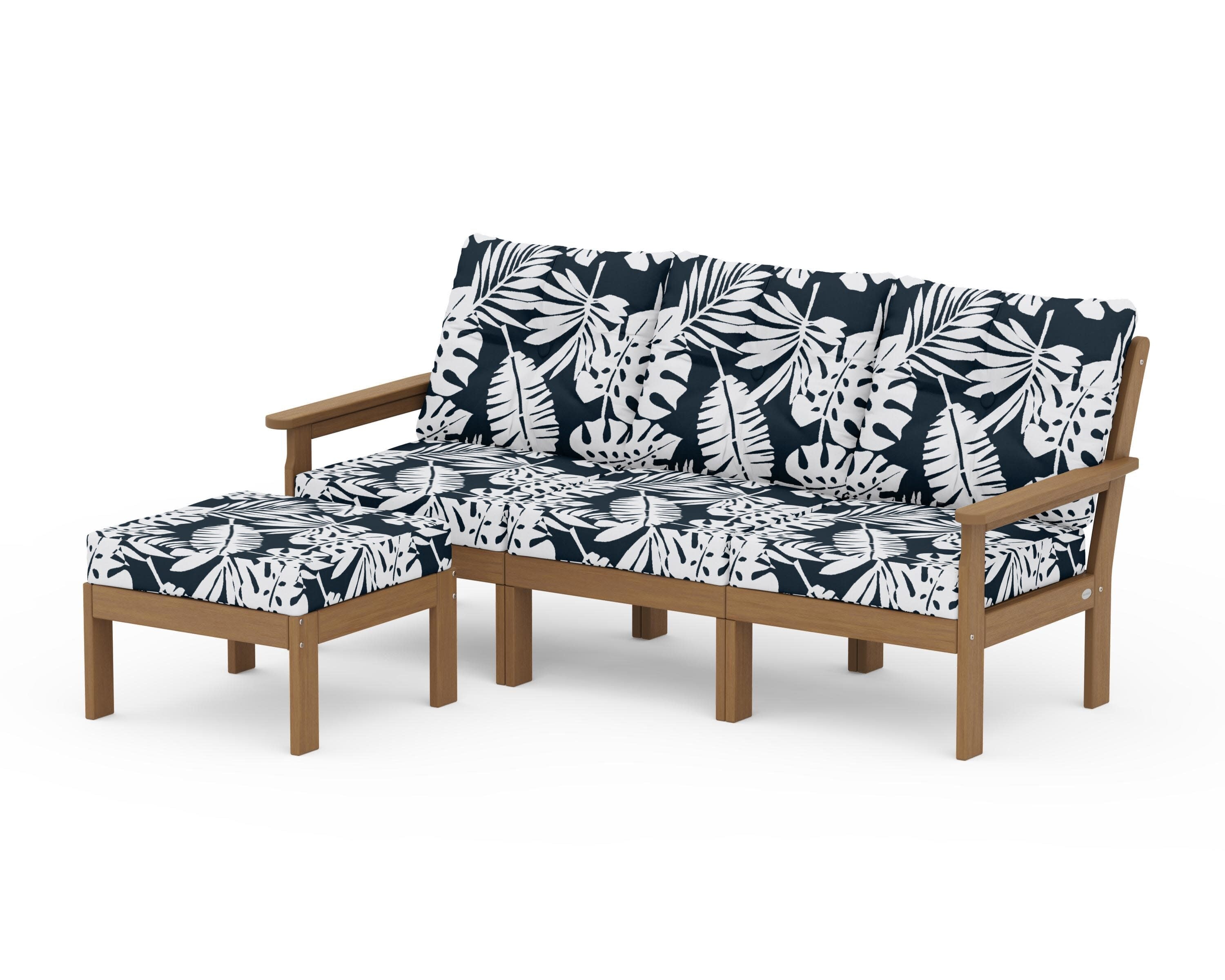 Vineyard 4-Piece Sectional with Ottoman in Natural / Leaf Marine Indigo