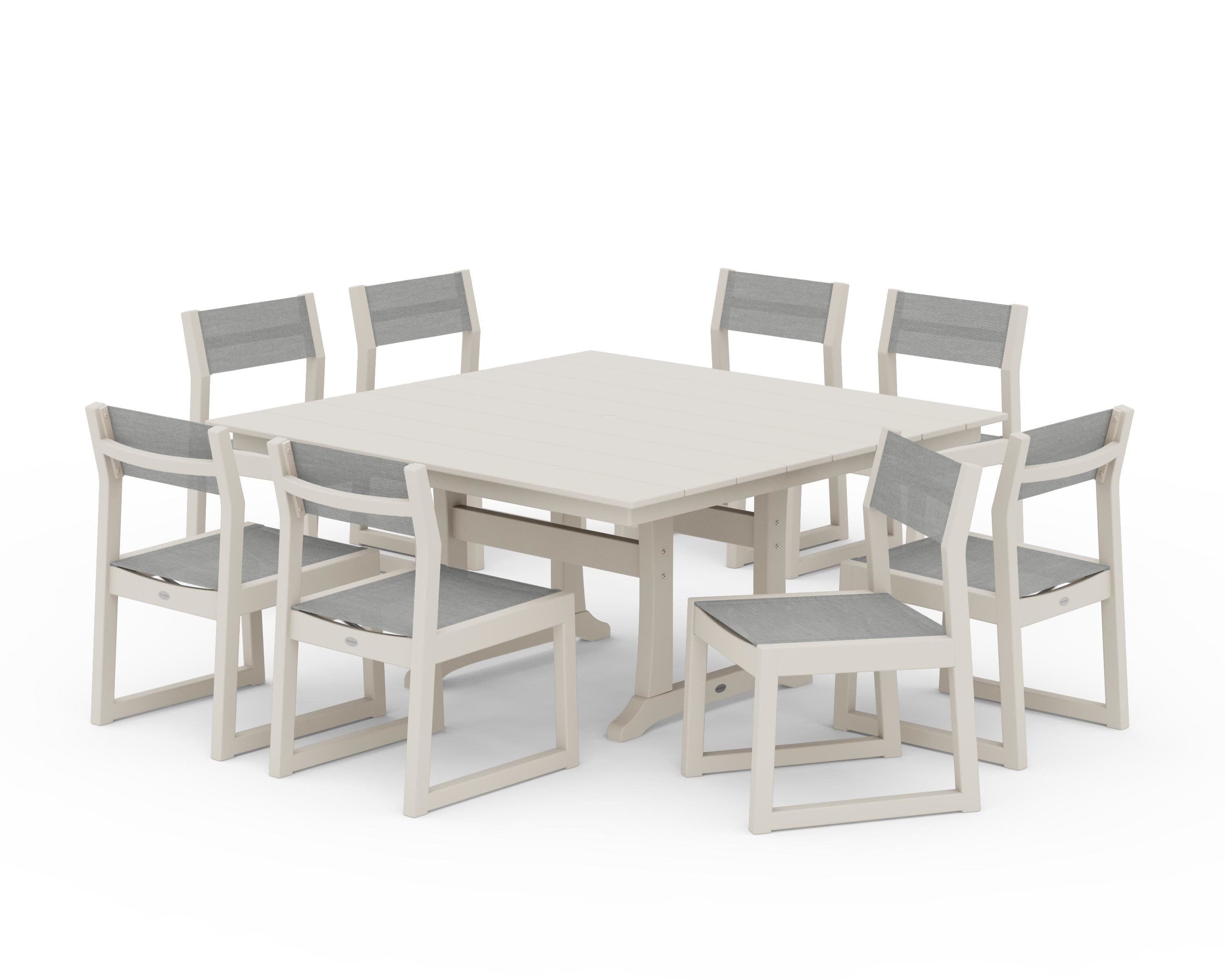 EDGE Sling Side Chair 9-Piece Farmhouse Trestle Dining Set in Sand / Metallic Sling