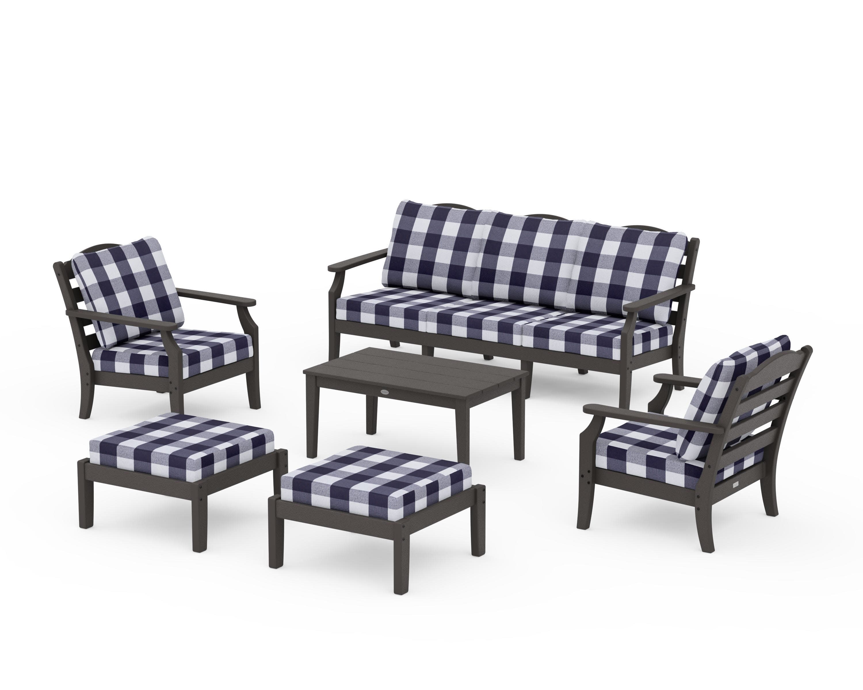 Savannah 6-Piece Lounge Sofa Set in Vintage Coffee / Buffalo Plaid Navy