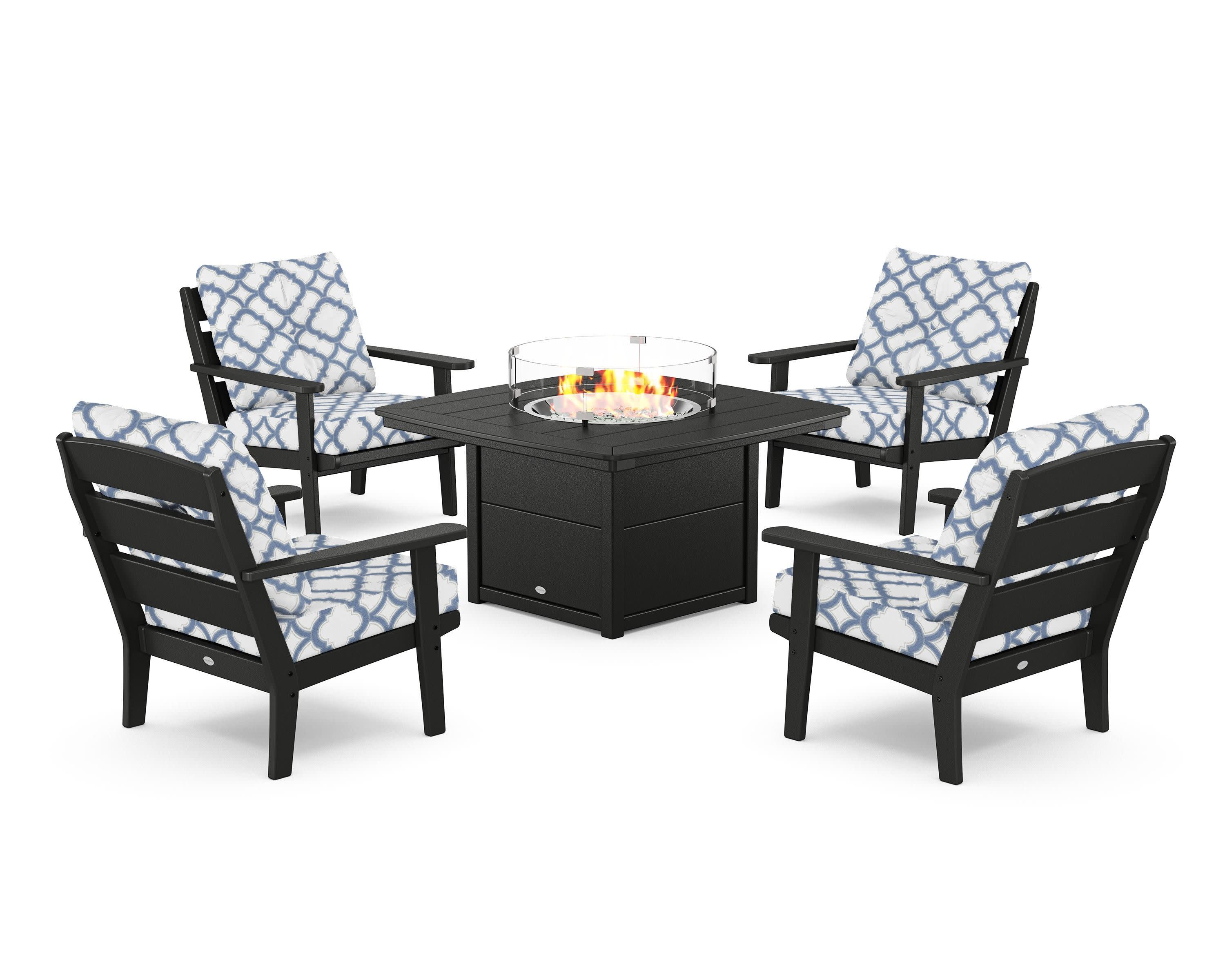 Lakeside 5-Piece Deep Seating Set with Nautical Fire Pit Table in Black / Trellis Sky Blue