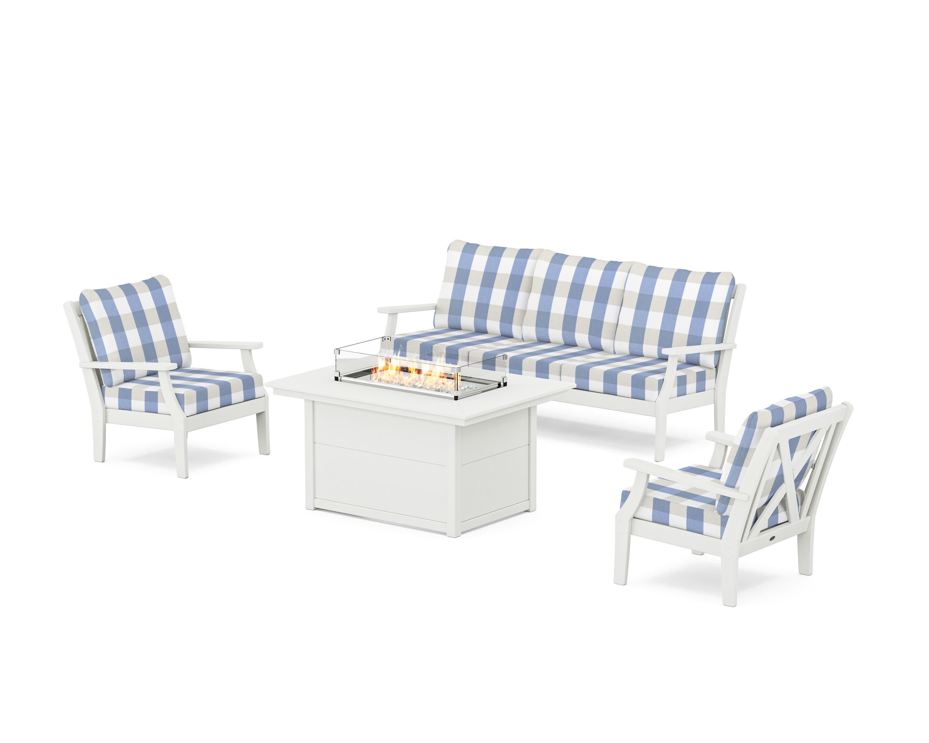 Braxton Deep Seating Fire Pit Table Set in Vintage White / Buffalo Plaid Sky Blue