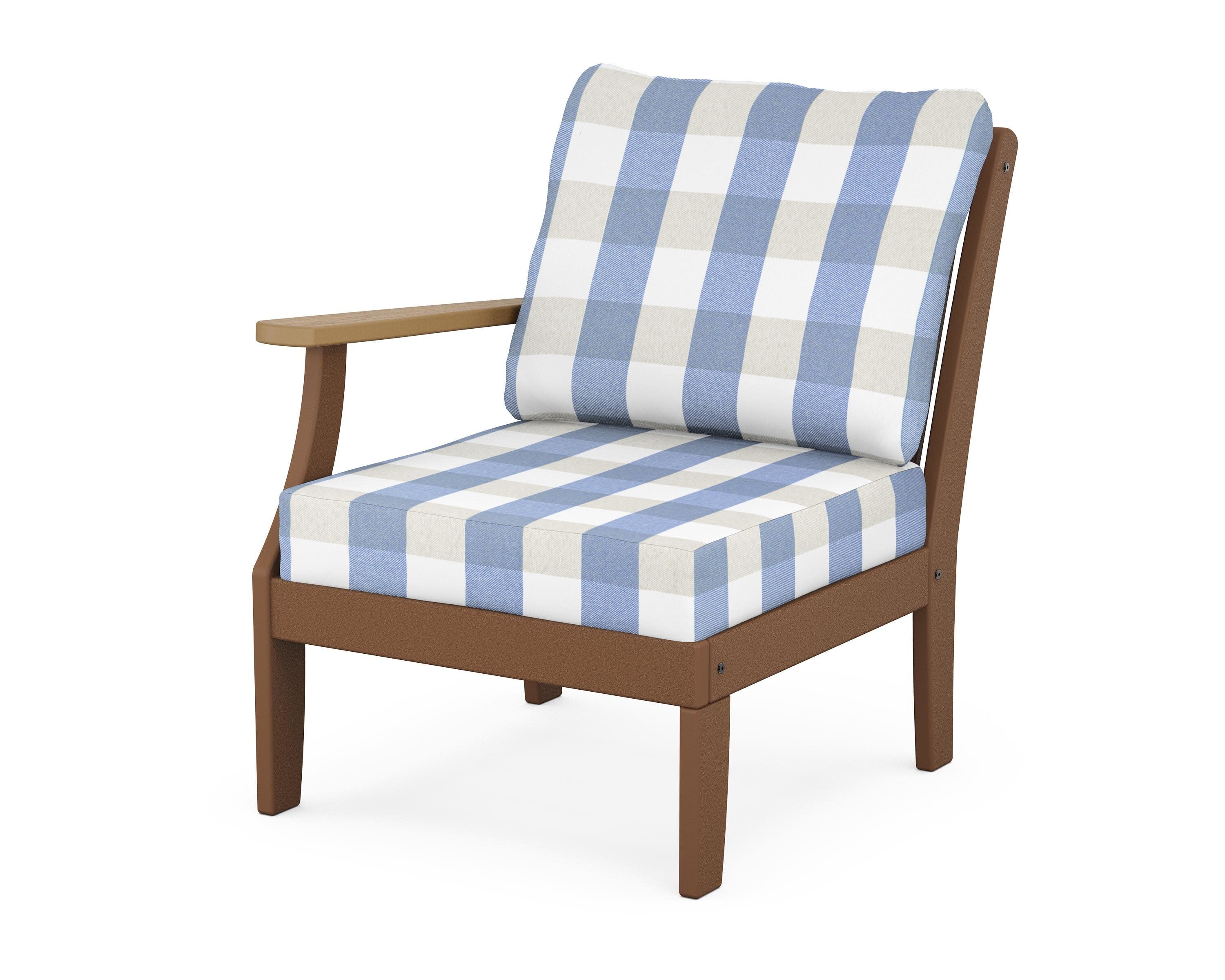 Braxton Modular Left Arm Chair in Teak / Natural / Buffalo Plaid Sky Blue