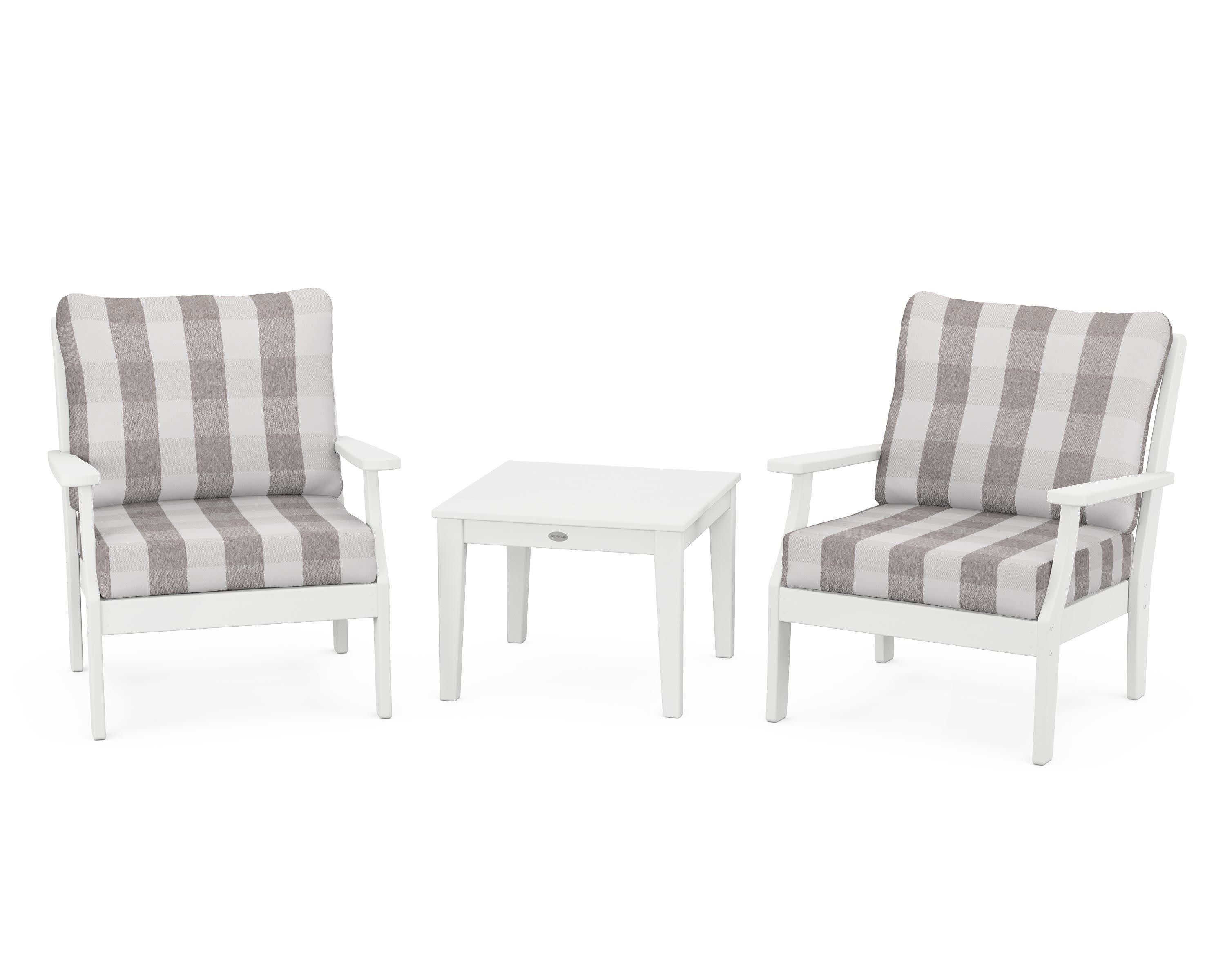 Braxton 3-Piece Deep Seating Set in White / Buffalo Plaid Grey Mist
