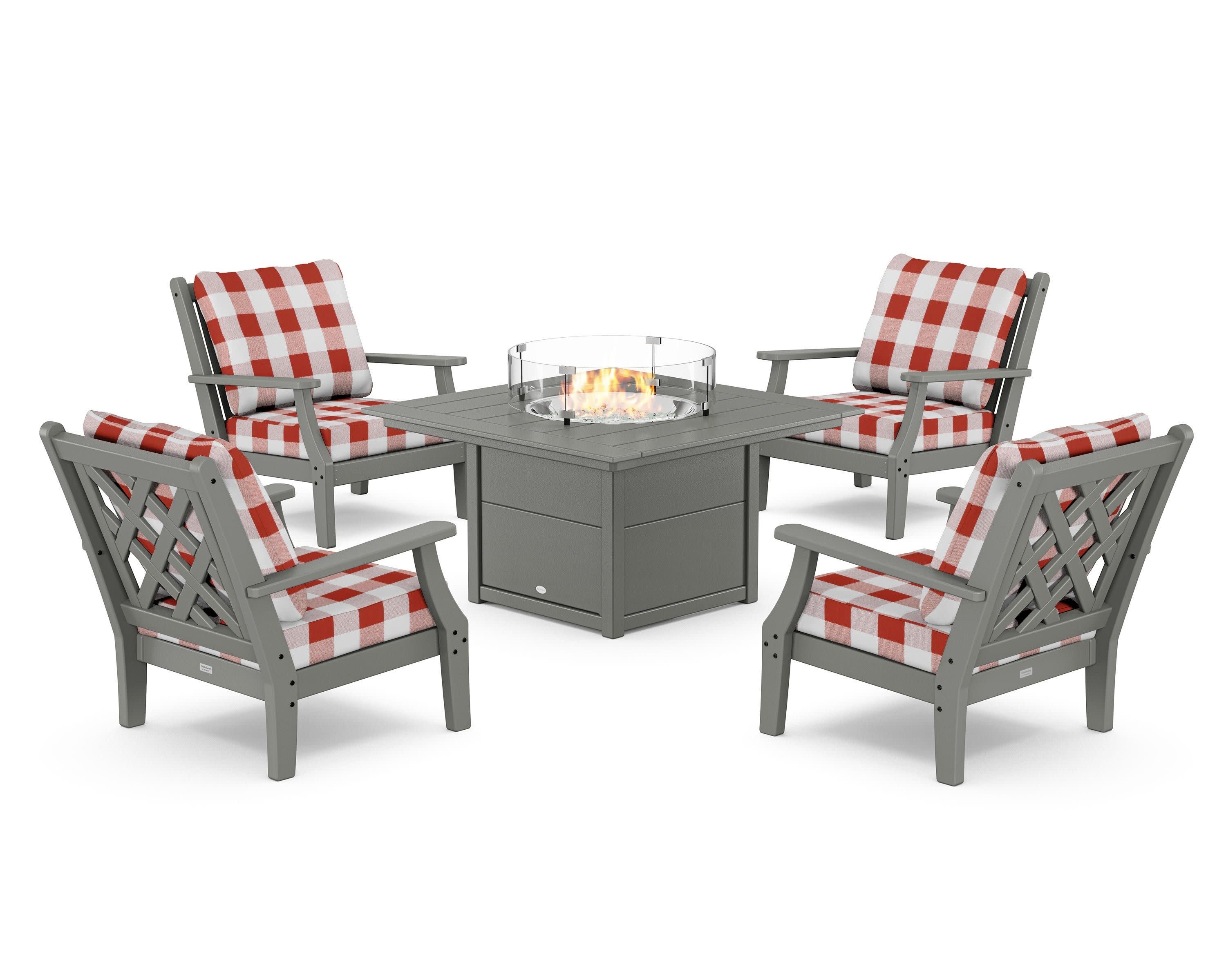 Wovendale 5-Piece Deep Seating Set with Fire Pit Table in Slate Grey / Buffalo Plaid Crimson