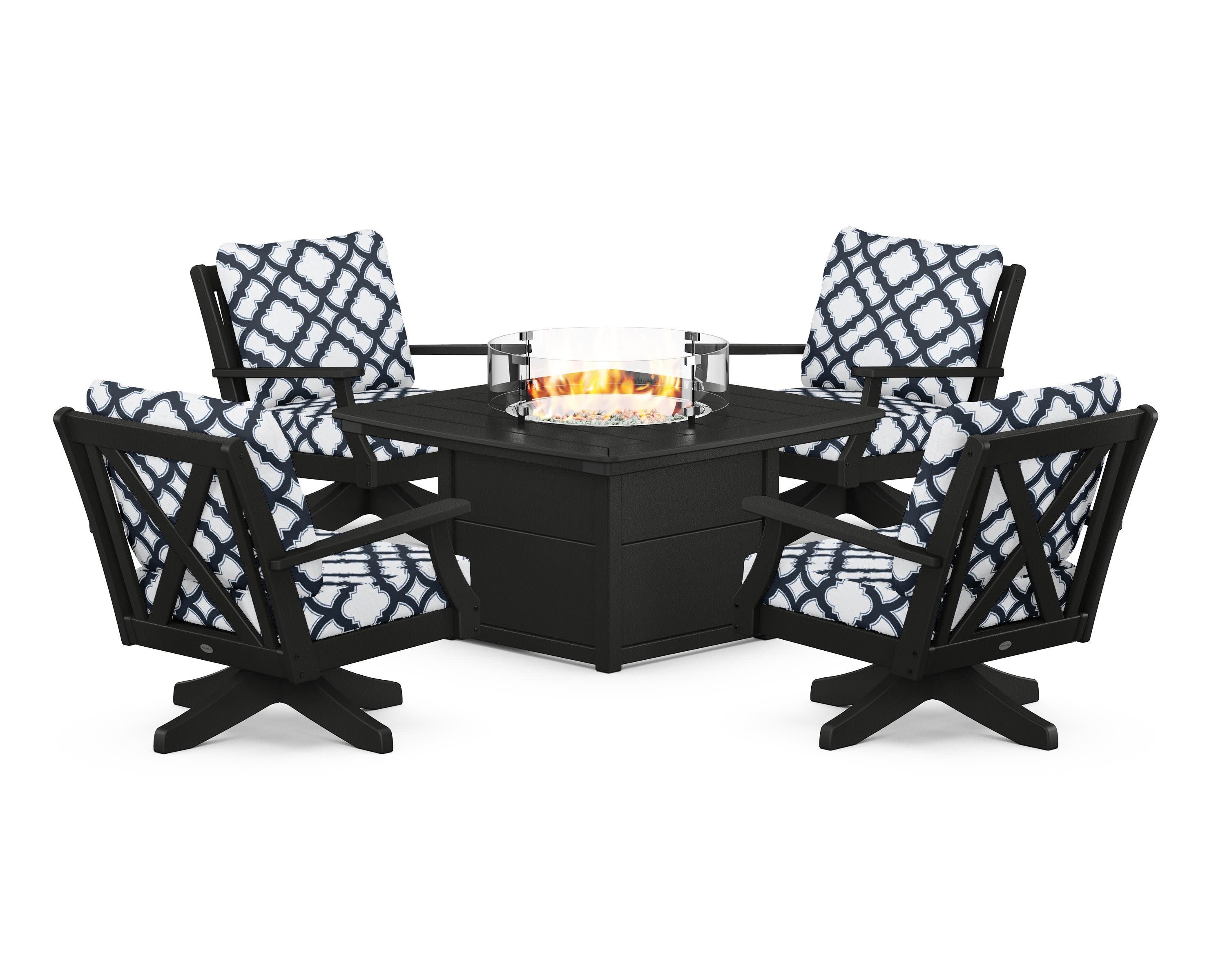 Braxton 5-Piece Deep Seating Swivel Conversation Set with Fire Pit Table in Black / Trellis Marine Indigo