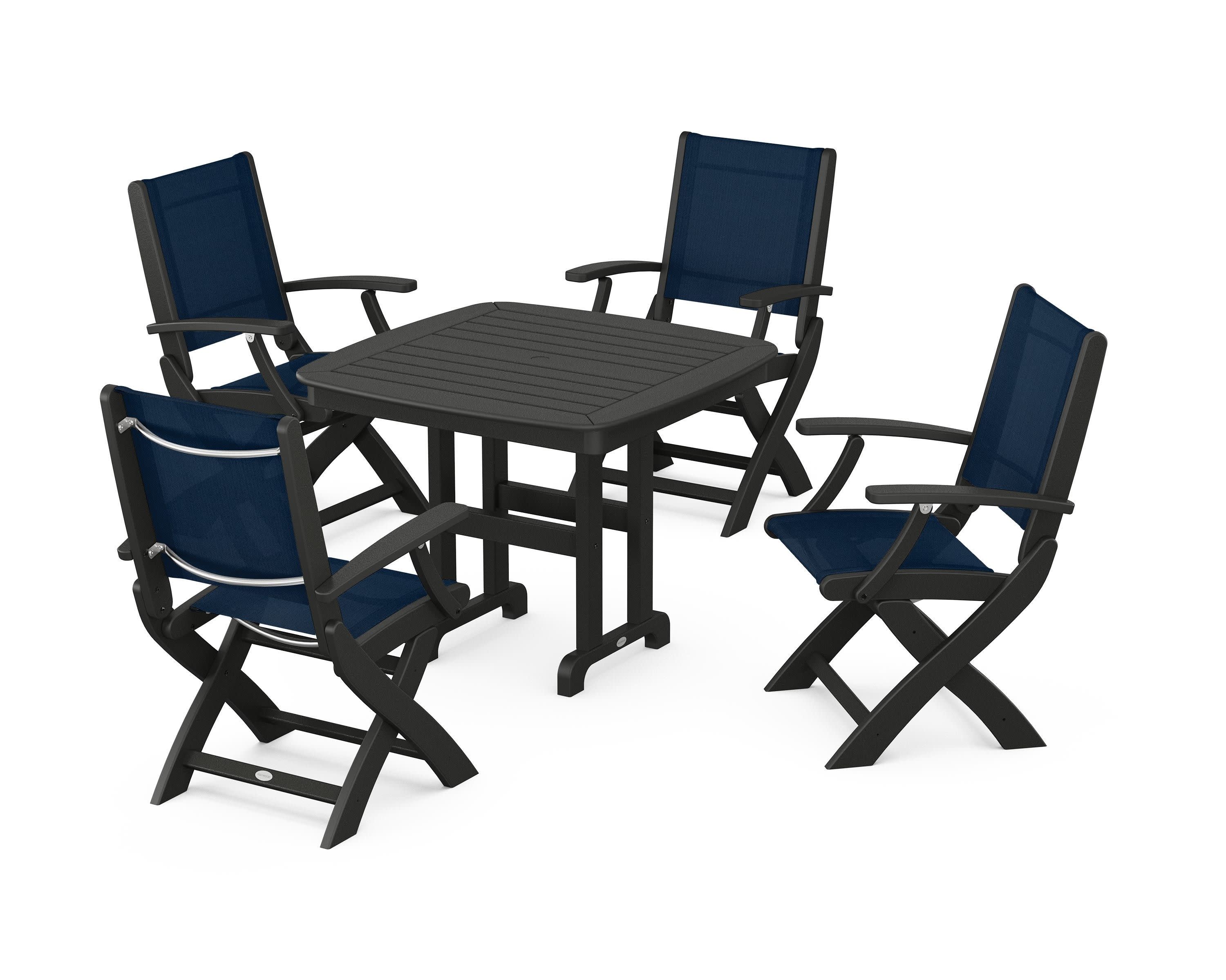 Coastal Folding Chair 5-Piece Dining Set in Black / Navy Blue Sling