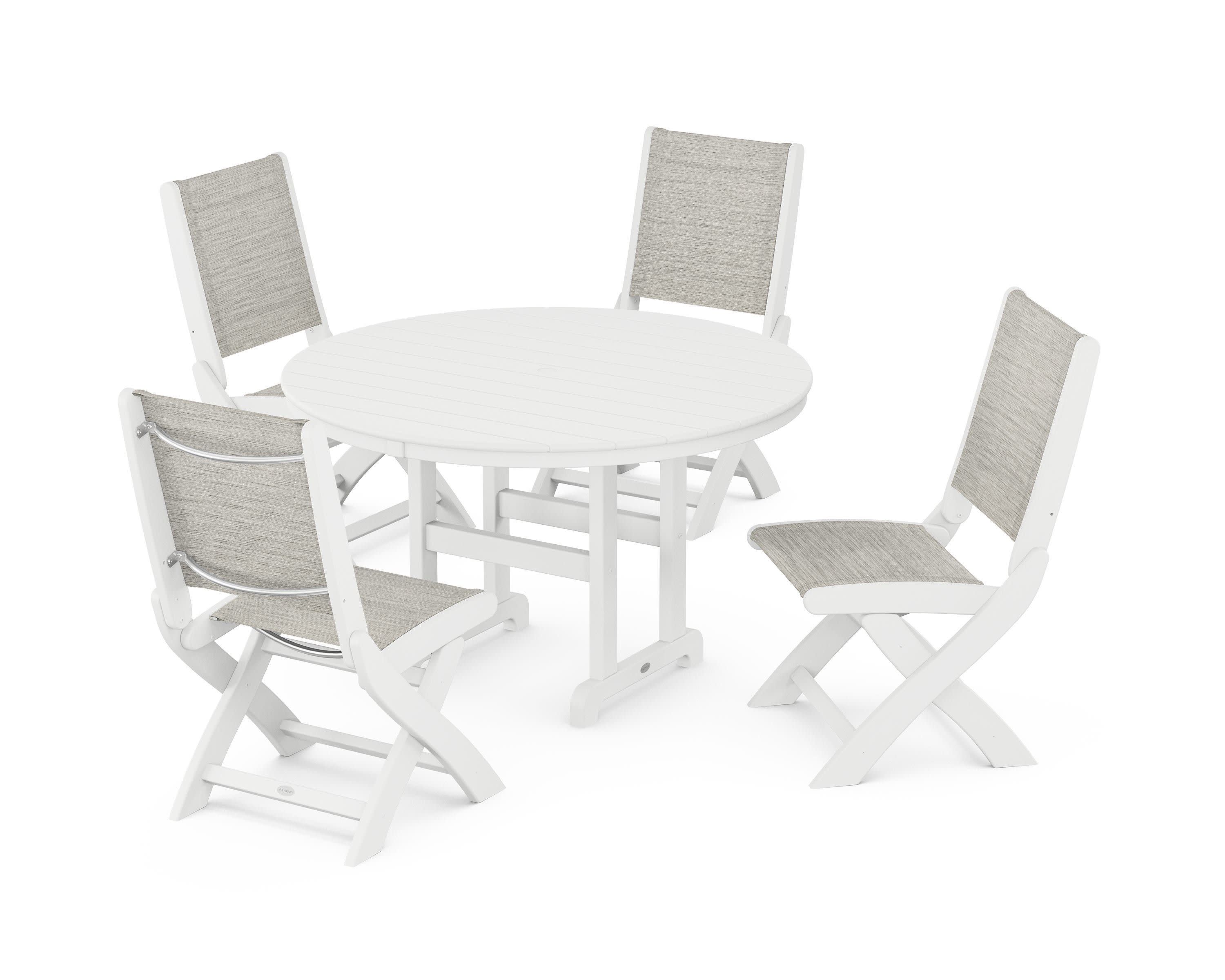 Coastal Folding Side Chair 5-Piece Round Dining Set in White / Birch Sling