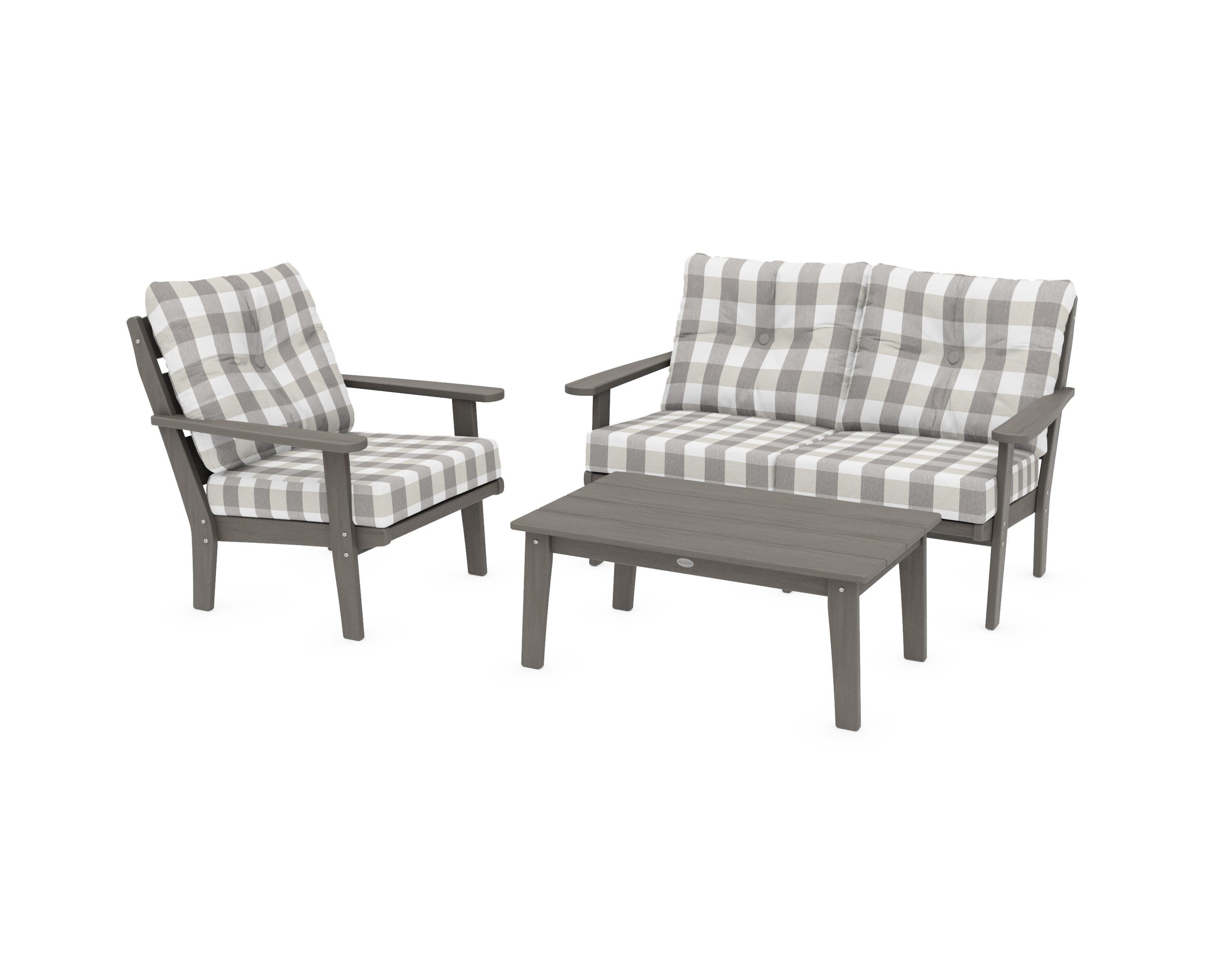 Lakeside 3-Piece Deep Seating Set in Driftwood / Buffalo Plaid Grey Mist