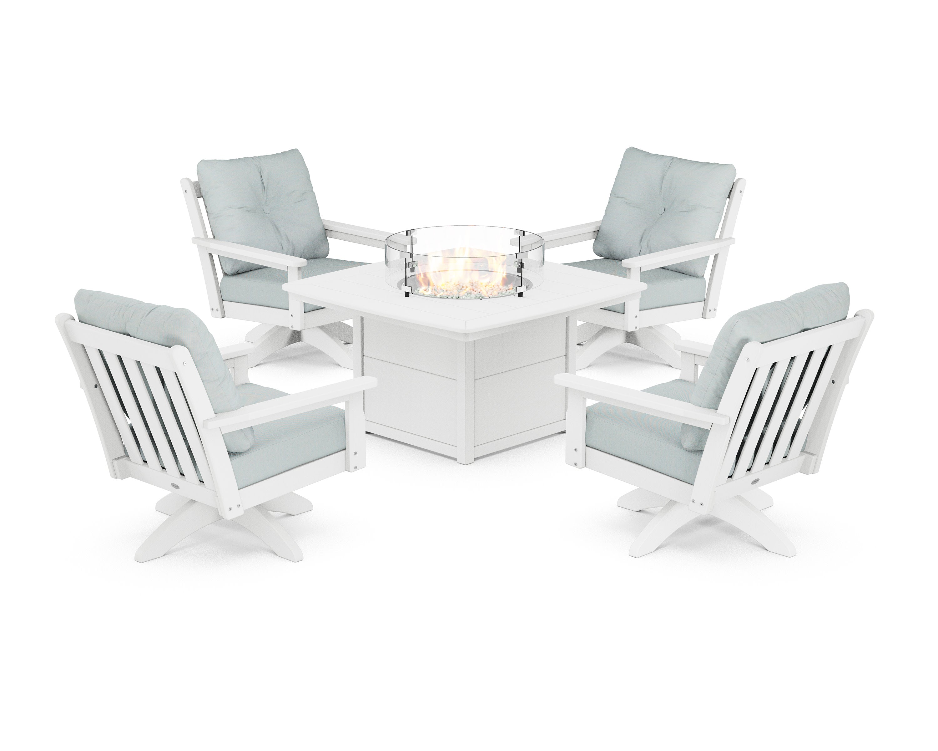 Vineyard 5-Piece Deep Seating Swivel Conversation Set with Fire Pit Table in White / Spa