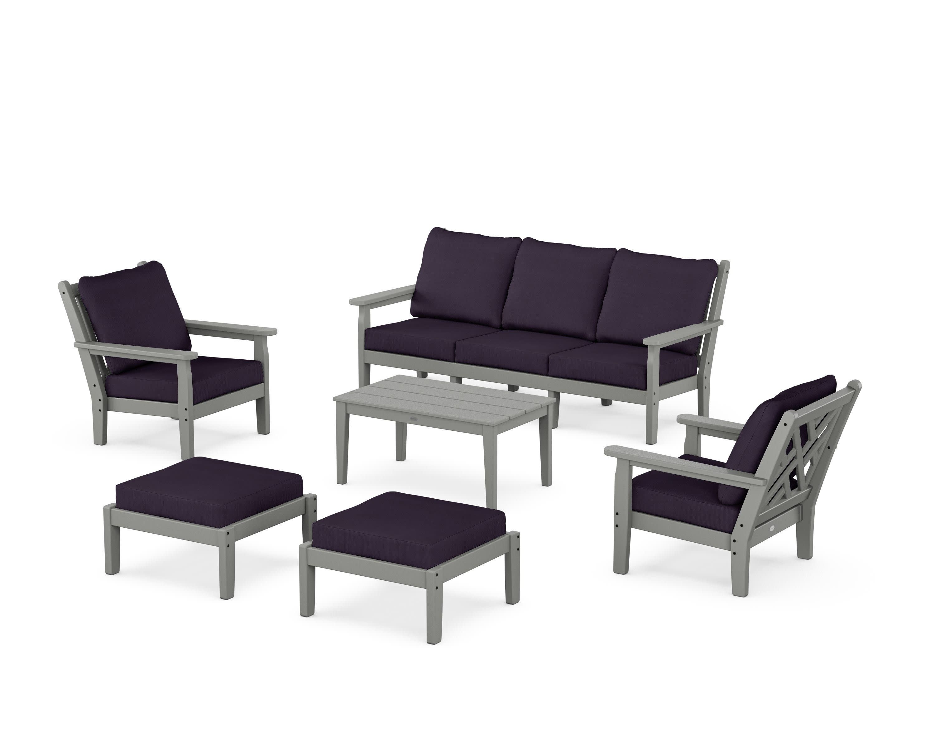 Chippendale 6-Piece Lounge Sofa Set in Slate Grey / Navy Linen