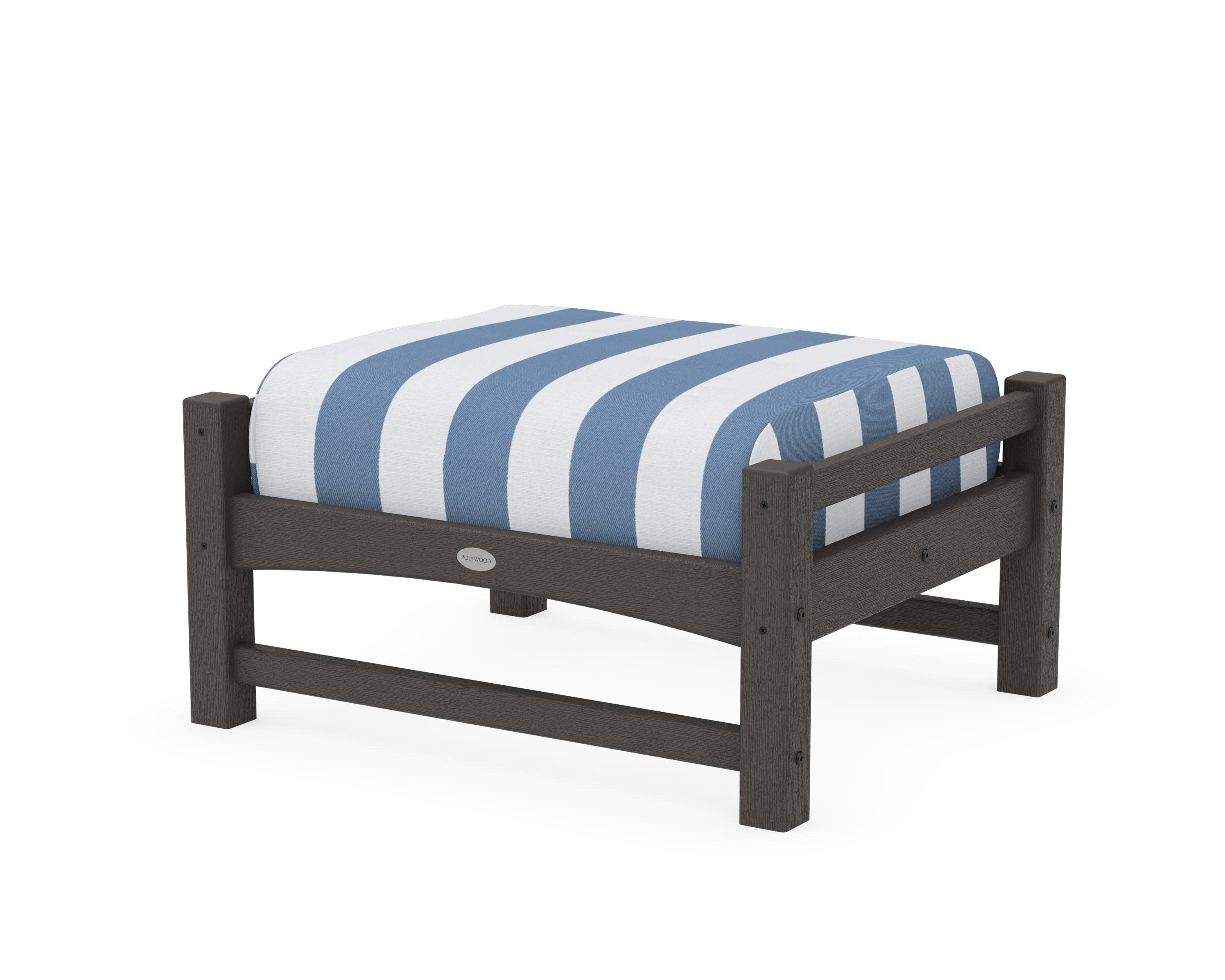 Club Ottoman in Vintage Coffee / Cabana Stripe Sky Blue