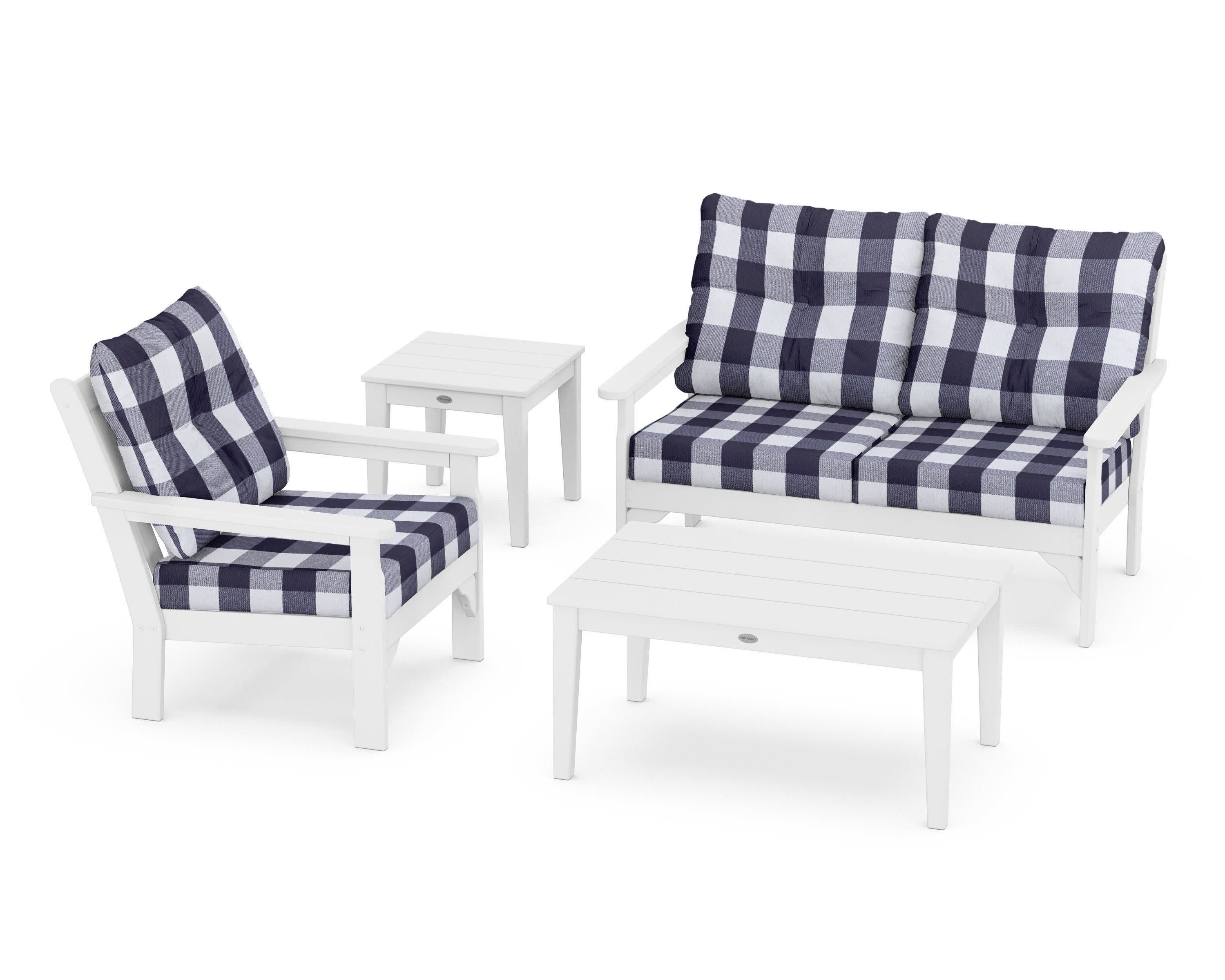 Vineyard 4-Piece Deep Seating Set in White / Buffalo Plaid Navy
