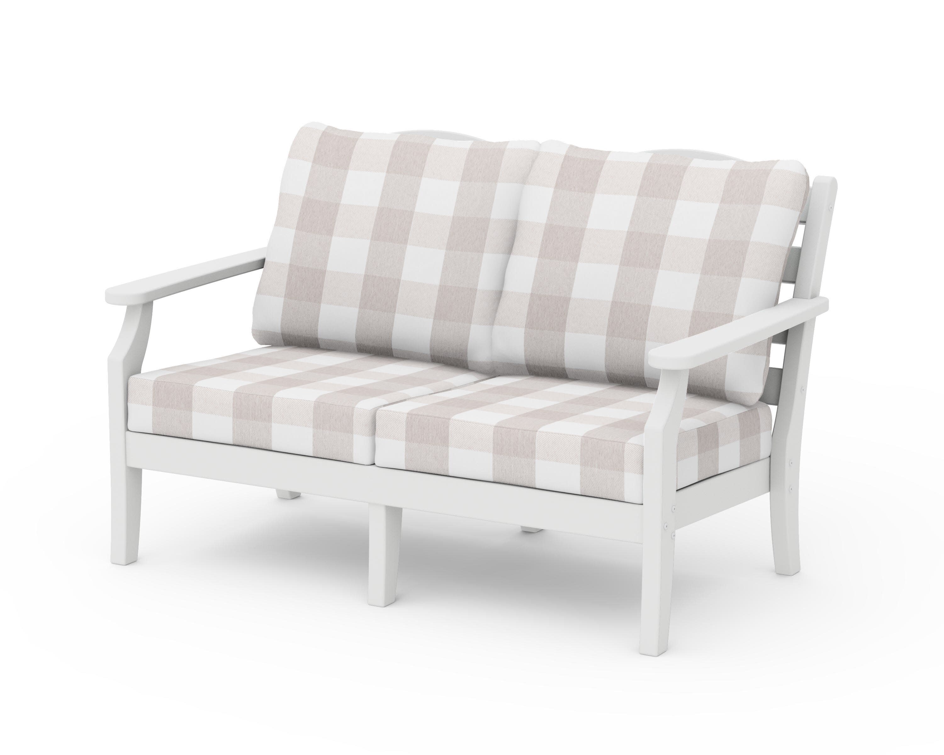 Savannah Deep Seating Loveseat in White / Buffalo Plaid Dune Burlap