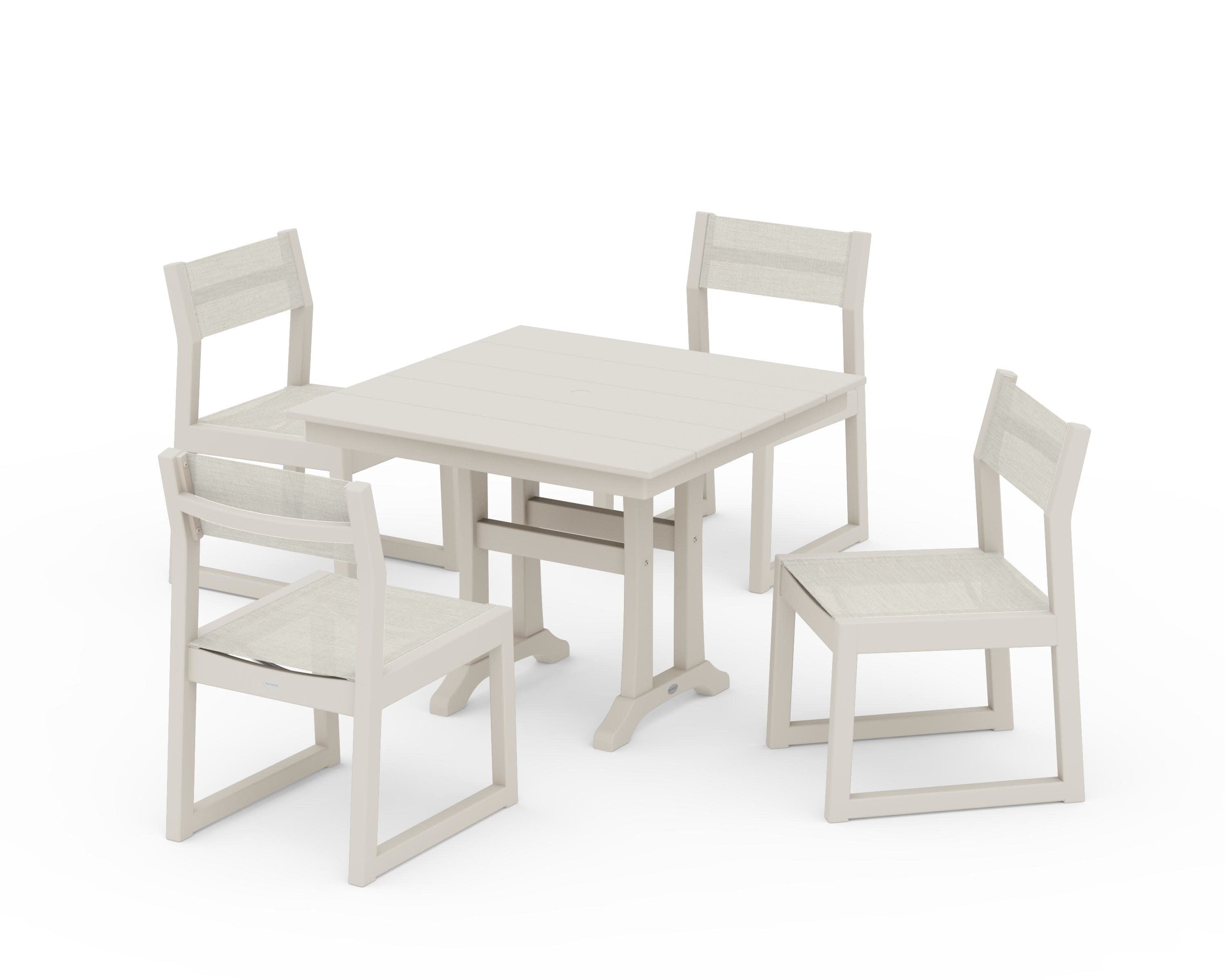 EDGE Sling 5-Piece Farmhouse Trestle Side Chair Dining Set in Sand / Parchment Sling