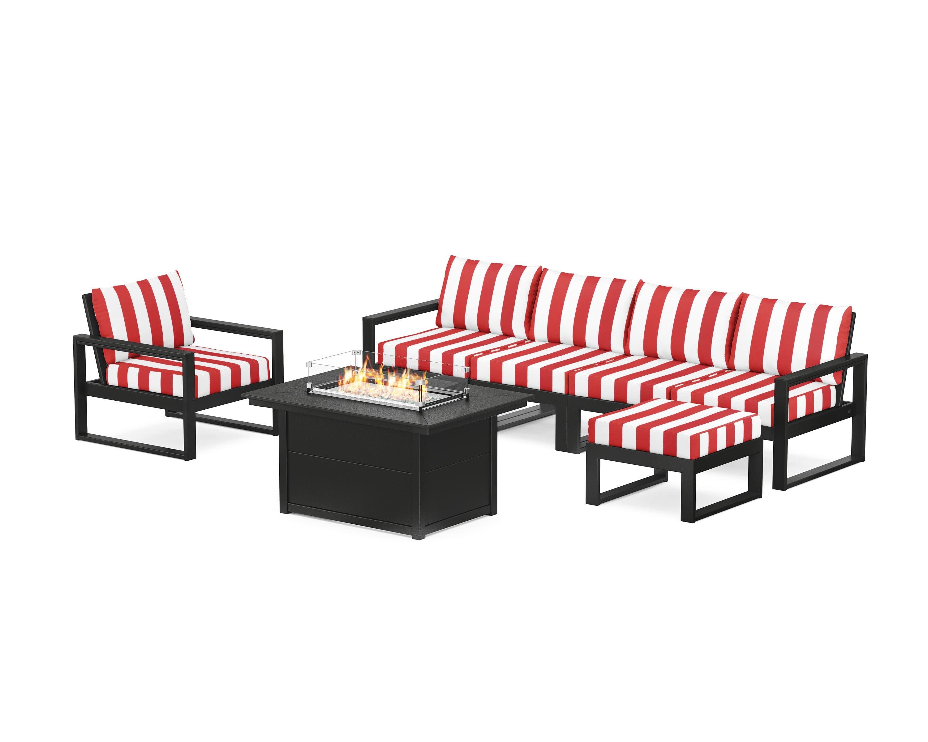 EDGE Sectional Lounge and Fire Pit Set in Black / Cabana Stripe Crimson