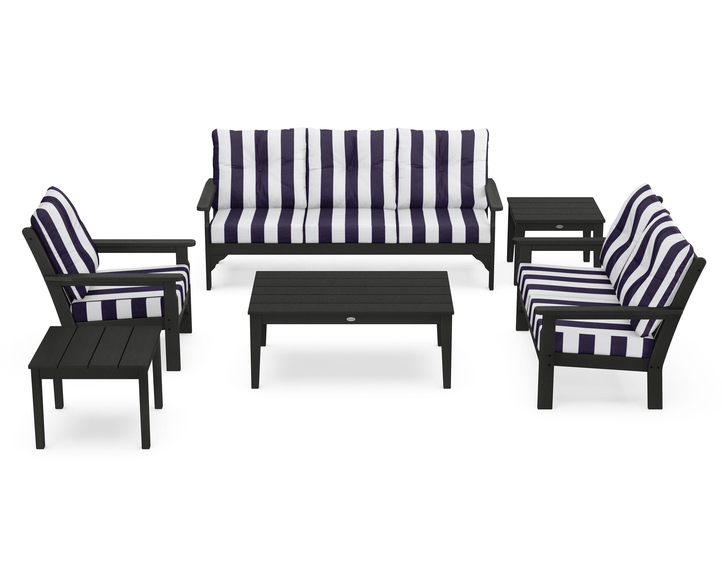 Vineyard 6-Piece Deep Seating Set in Green / Cabana Stripe Navy