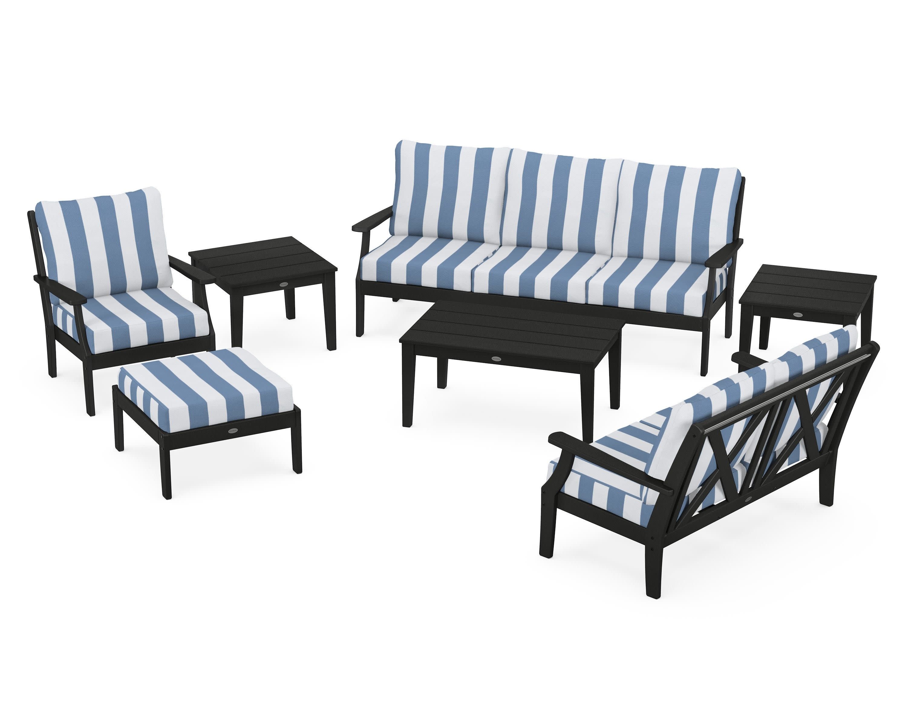 Braxton 7-Piece Deep Seating Set in Black / Cabana Stripe Sky Blue