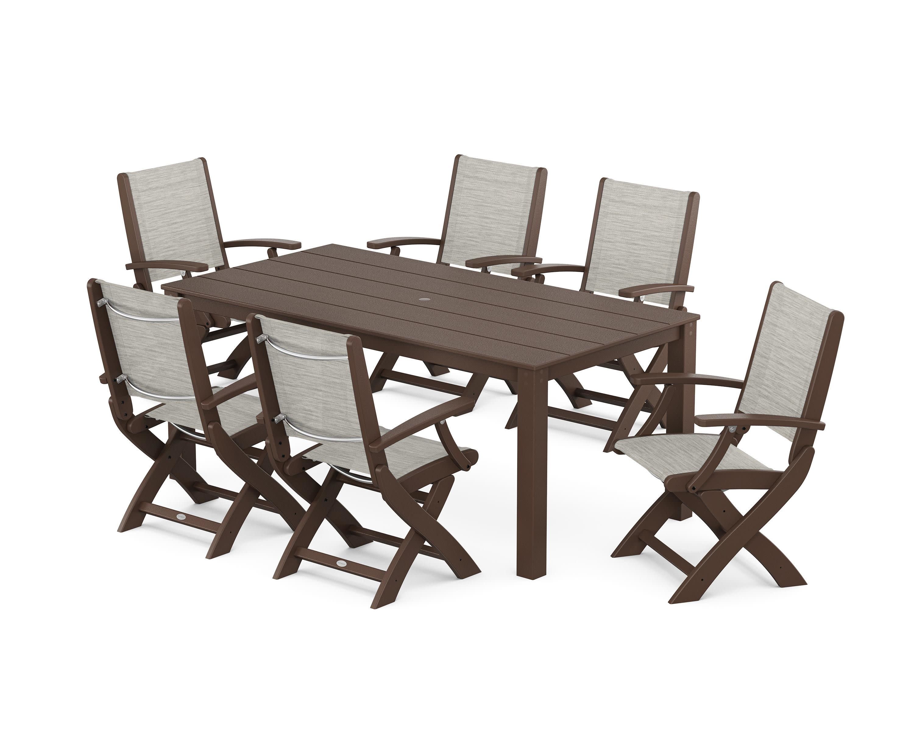 Coastal Folding Chair 7-Piece Parsons Dining Set in Mahogany / Birch Sling