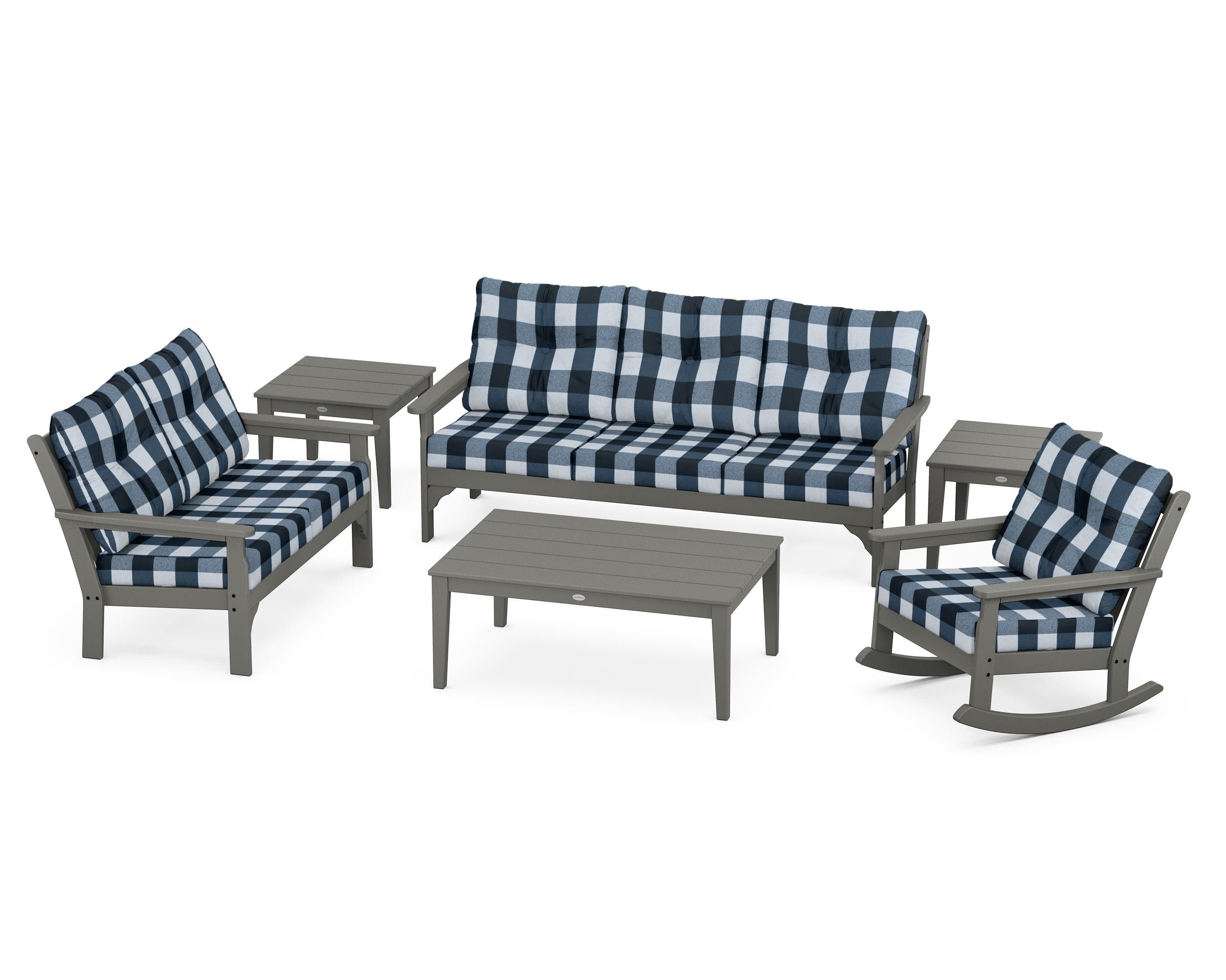 Vineyard 6-Piece Deep Seating Set in Slate Grey / Buffalo Plaid Marine Indigo