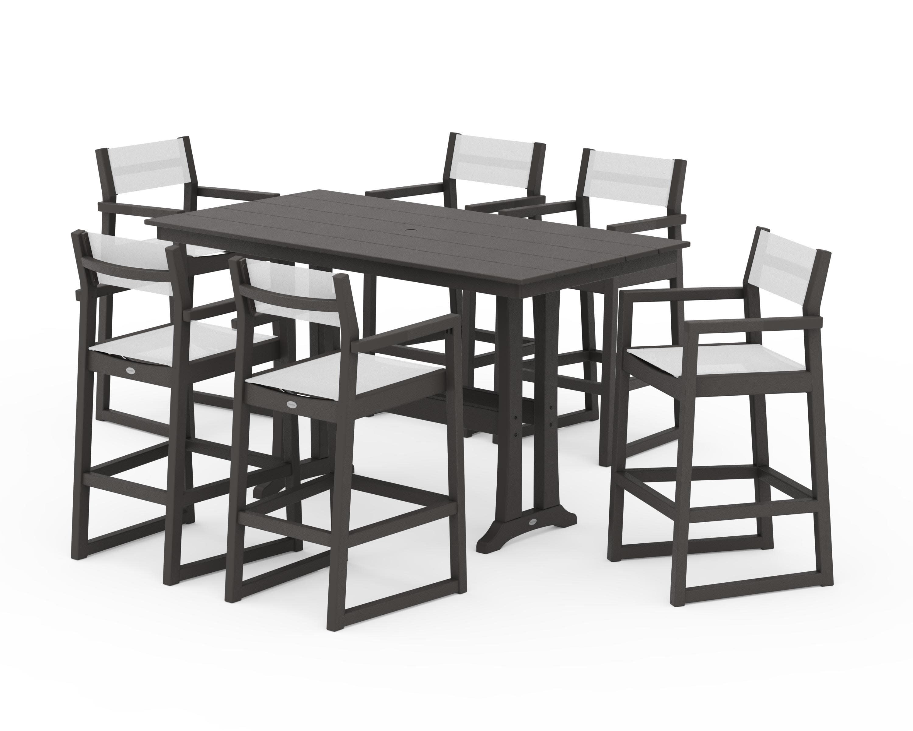EDGE Sling Arm Chair 7-Piece Farmhouse Bar Set with Trestle Legs in Vintage Coffee / White Sling