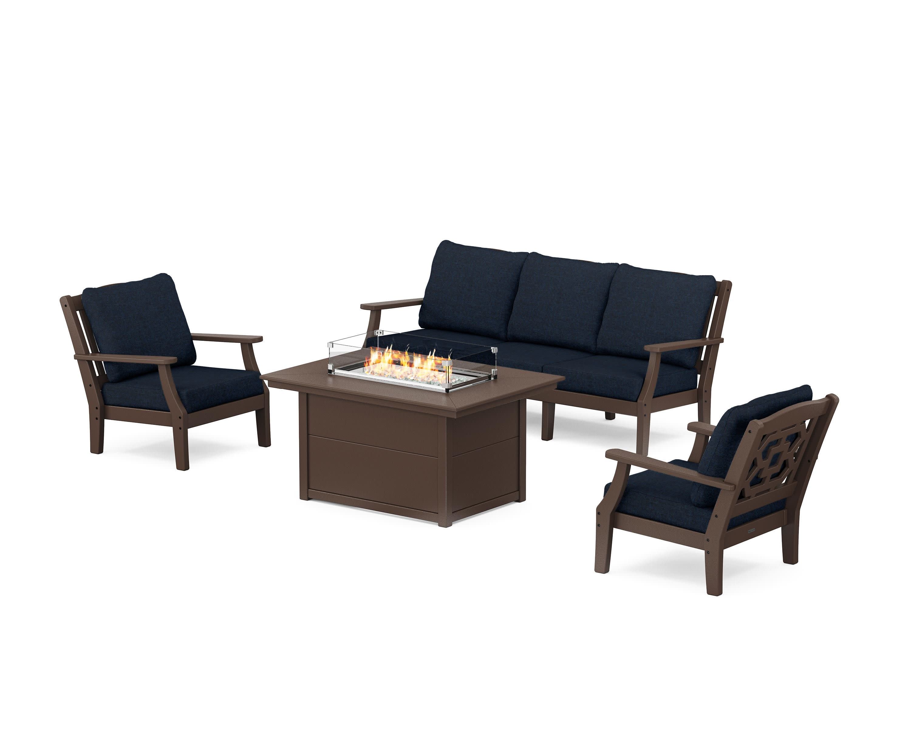 Chinoiserie Deep Seating Fire Pit Table Set in Mahogany / Marine Indigo