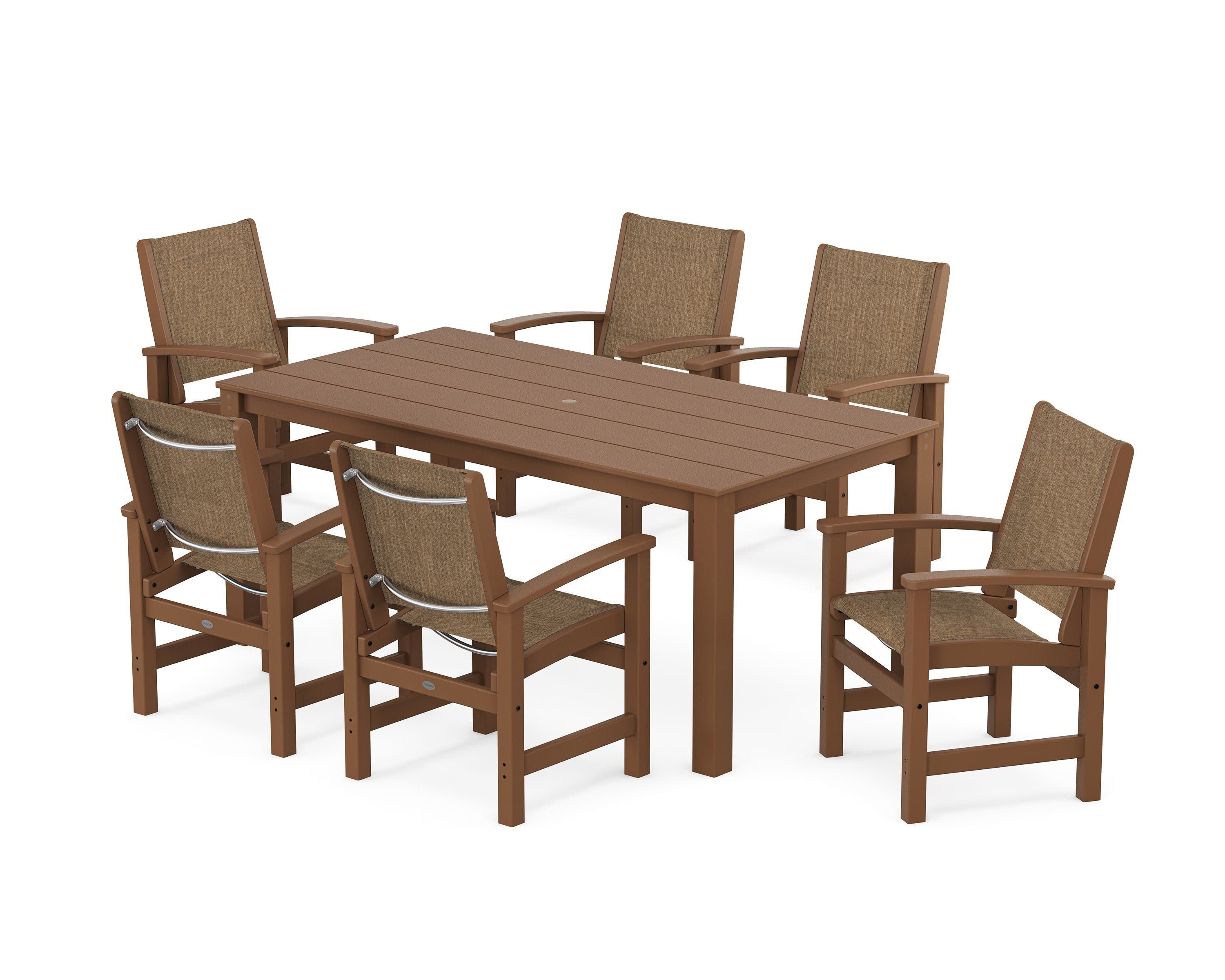 Coastal 7-Piece Parsons Dining Set in Teak / Burlap Sling