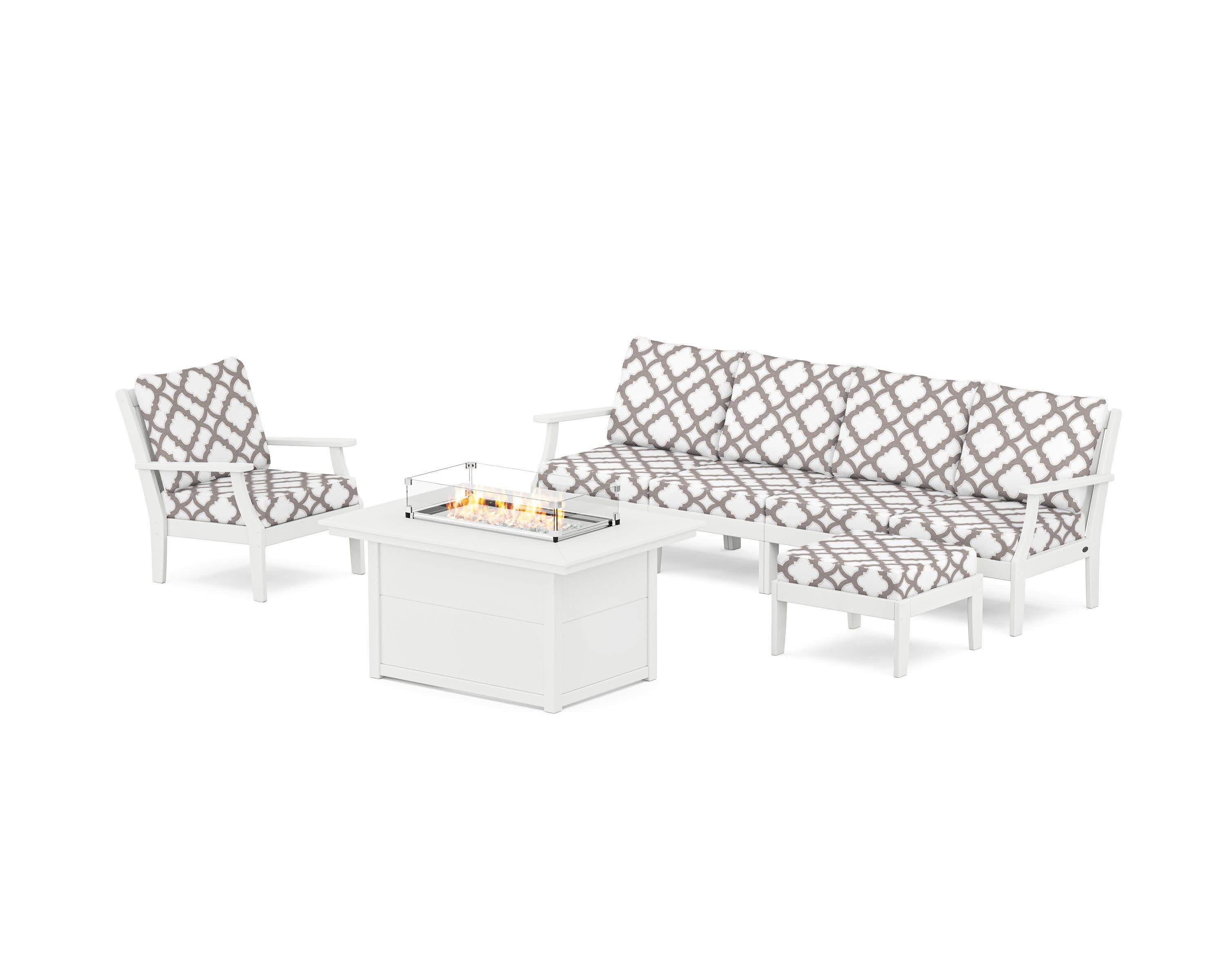 Braxton Sectional Lounge and Fire Pit Set in White / Trellis Grey Mist