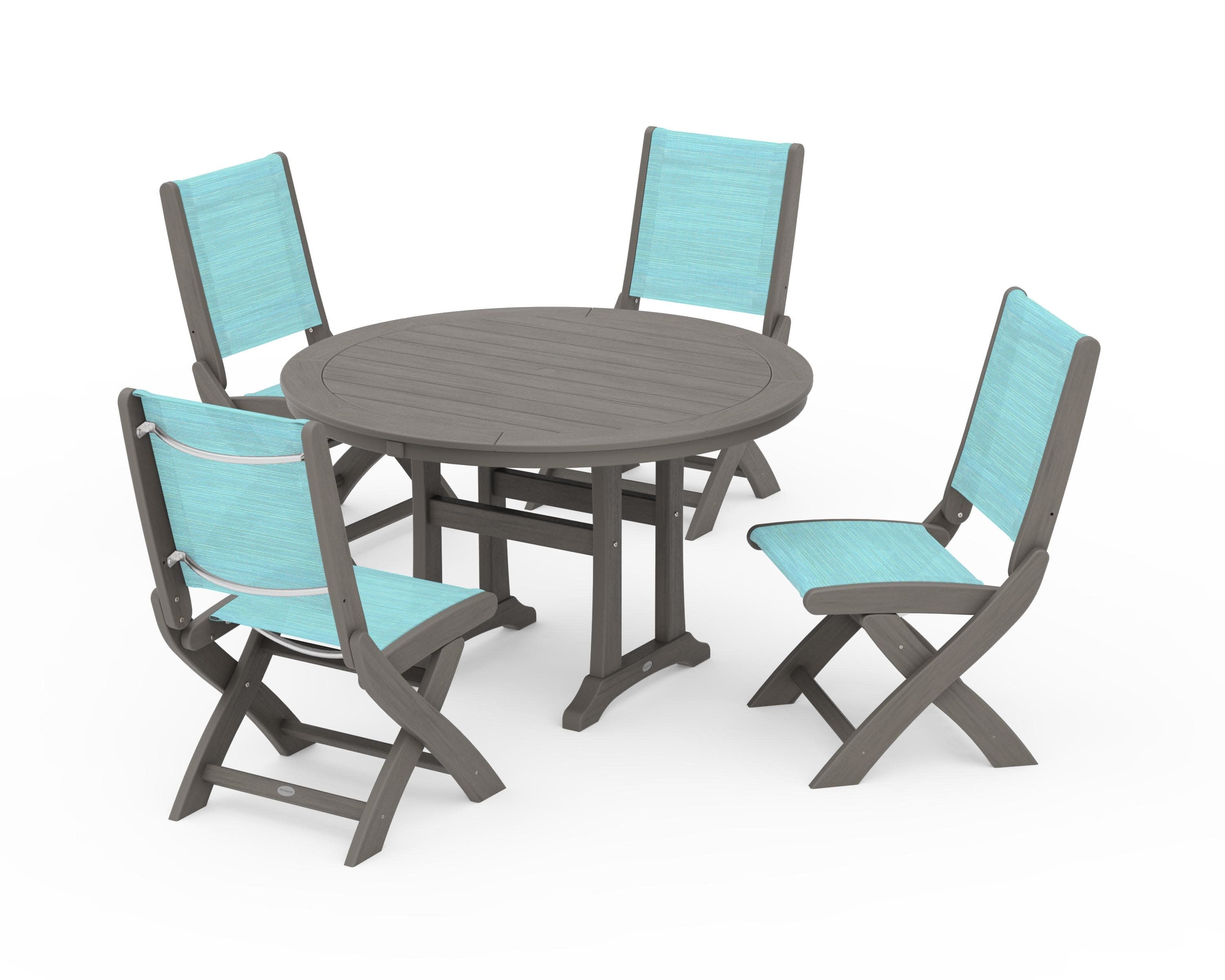 Coastal Folding Side Chair 5-Piece Round Dining Set With Trestle Legs in Driftwood / Dupioni Aquamarine Sling