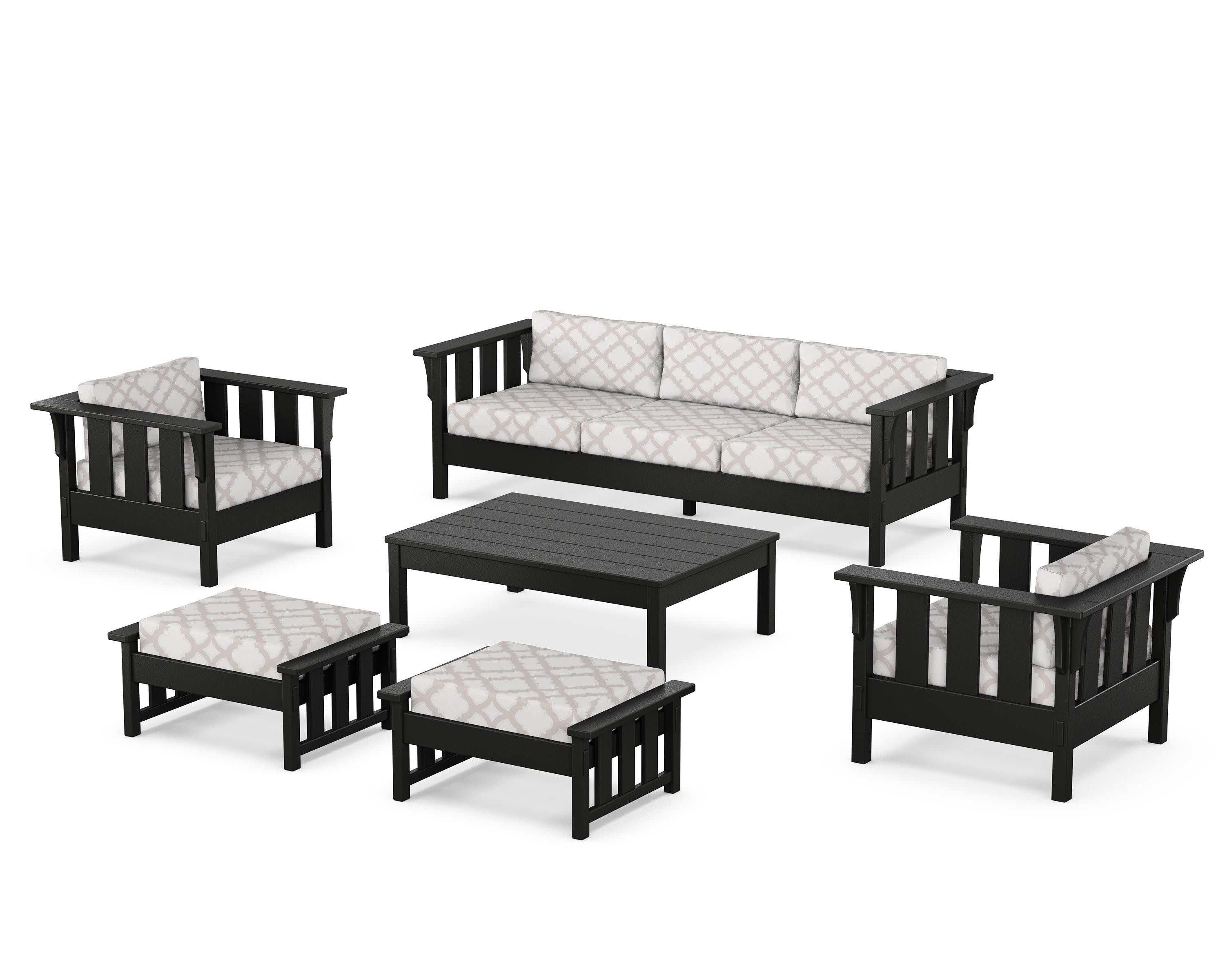 Acadia 6-Piece Lounge Sofa Set in Black / Trellis Dune Burlap
