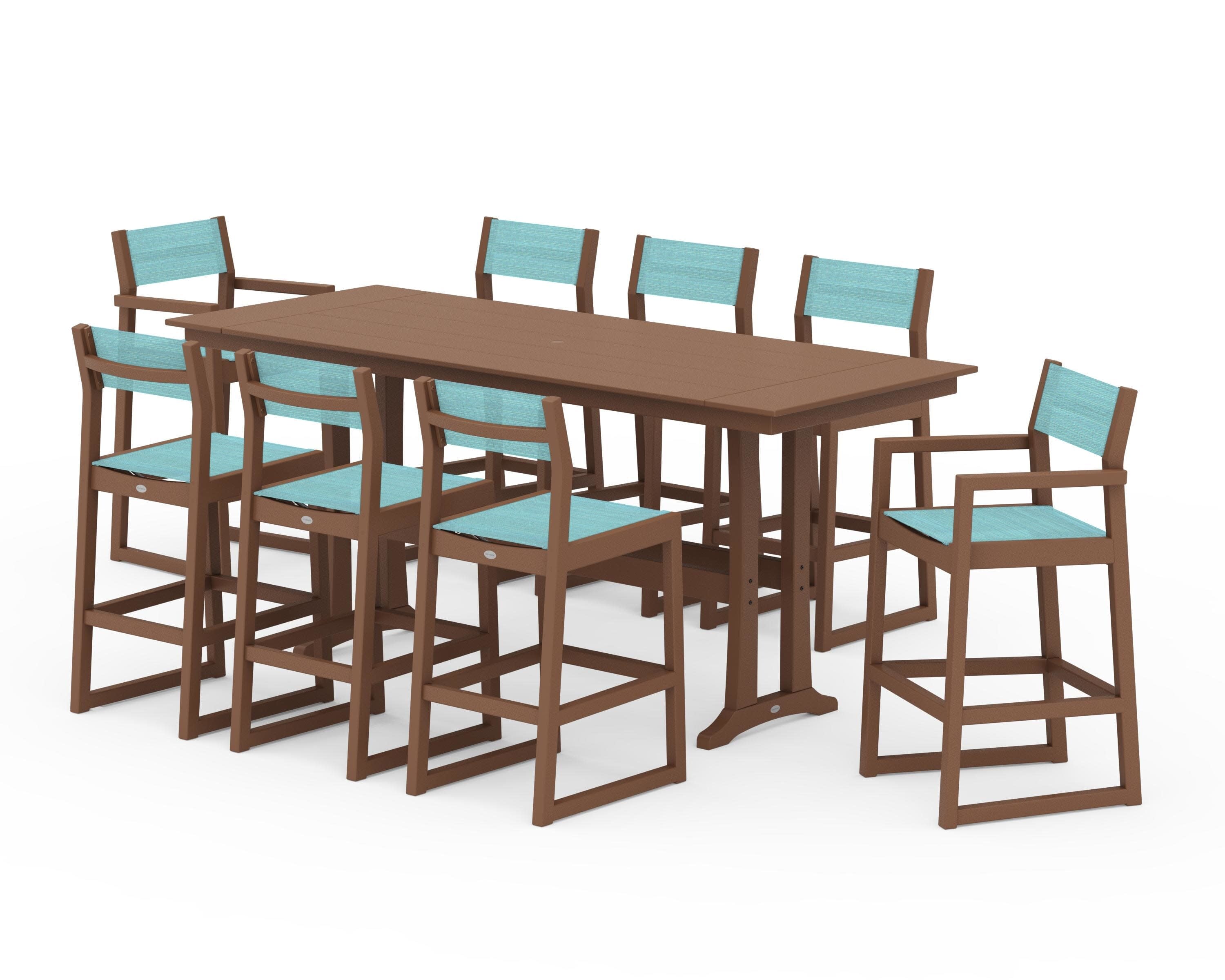 EDGE Sling 9-Piece Farmhouse Bar Set with Trestle Legs in Teak / Dupioni Aquamarine Sling