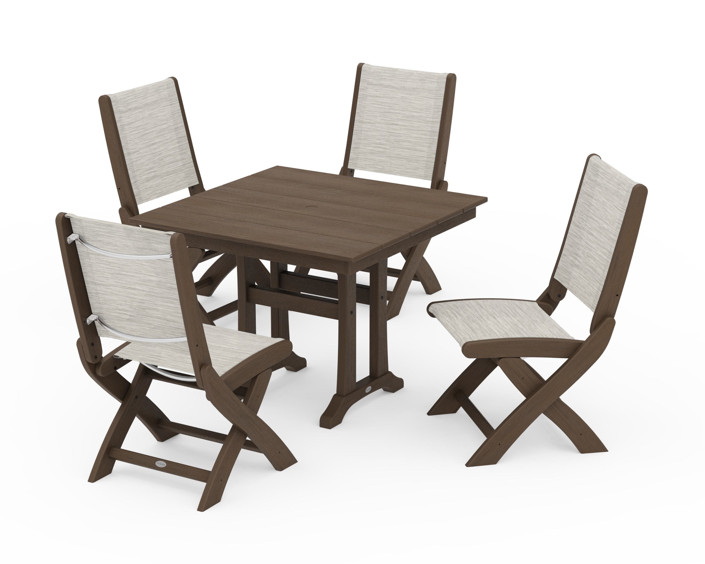 Coastal Folding Side Chair 5-Piece Farmhouse Dining Set With Trestle Legs in Kona / Birch Sling