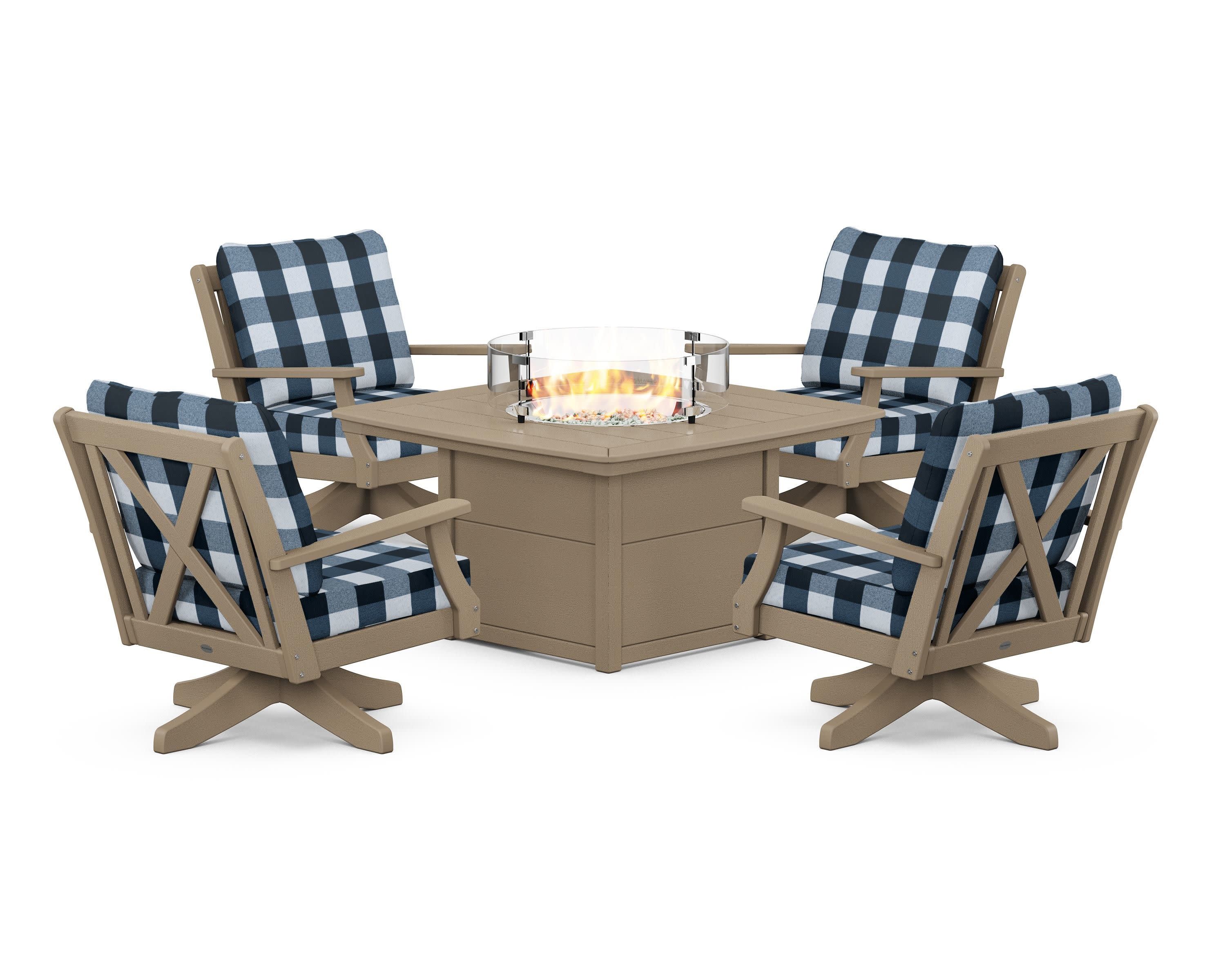 Braxton 5-Piece Deep Seating Swivel Conversation Set with Fire Pit Table in Vintage Sahara / Buffalo Plaid Marine Indigo