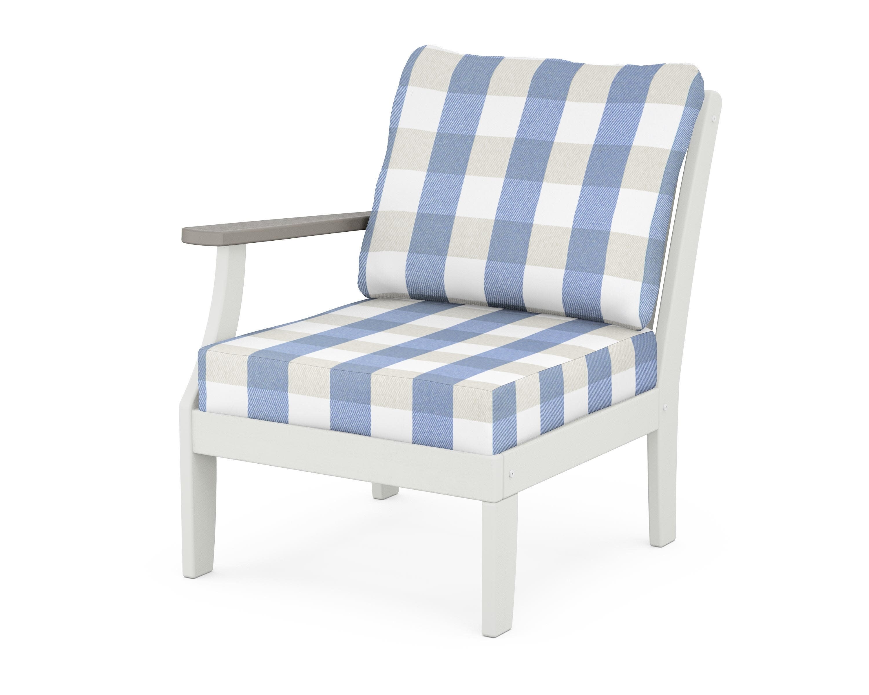 Braxton Modular Left Arm Chair in White / Driftwood / Buffalo Plaid Sky Blue