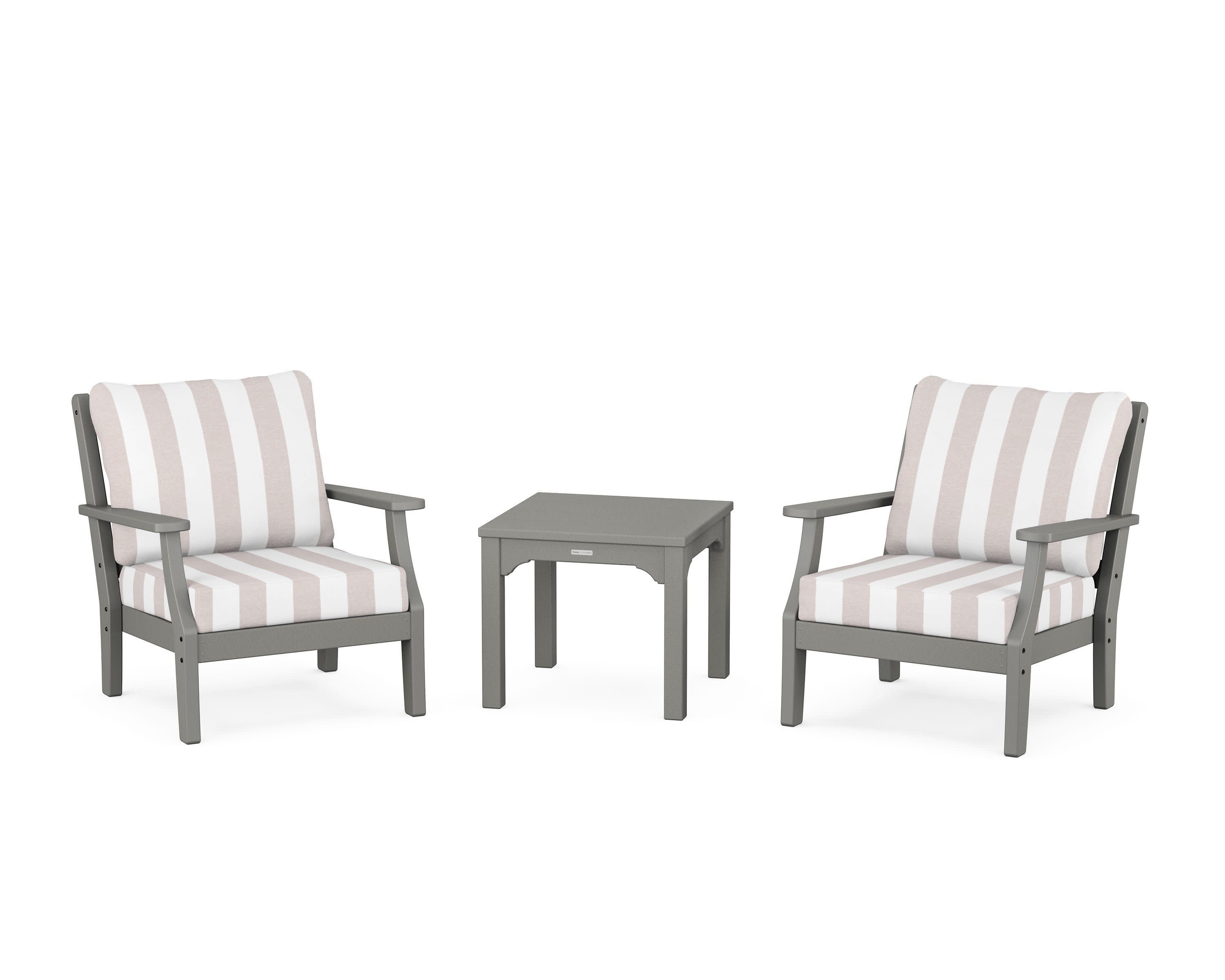 Chinoiserie 3-Piece Deep Seating Set in Slate Grey / Cabana Stripe Dune Burlap