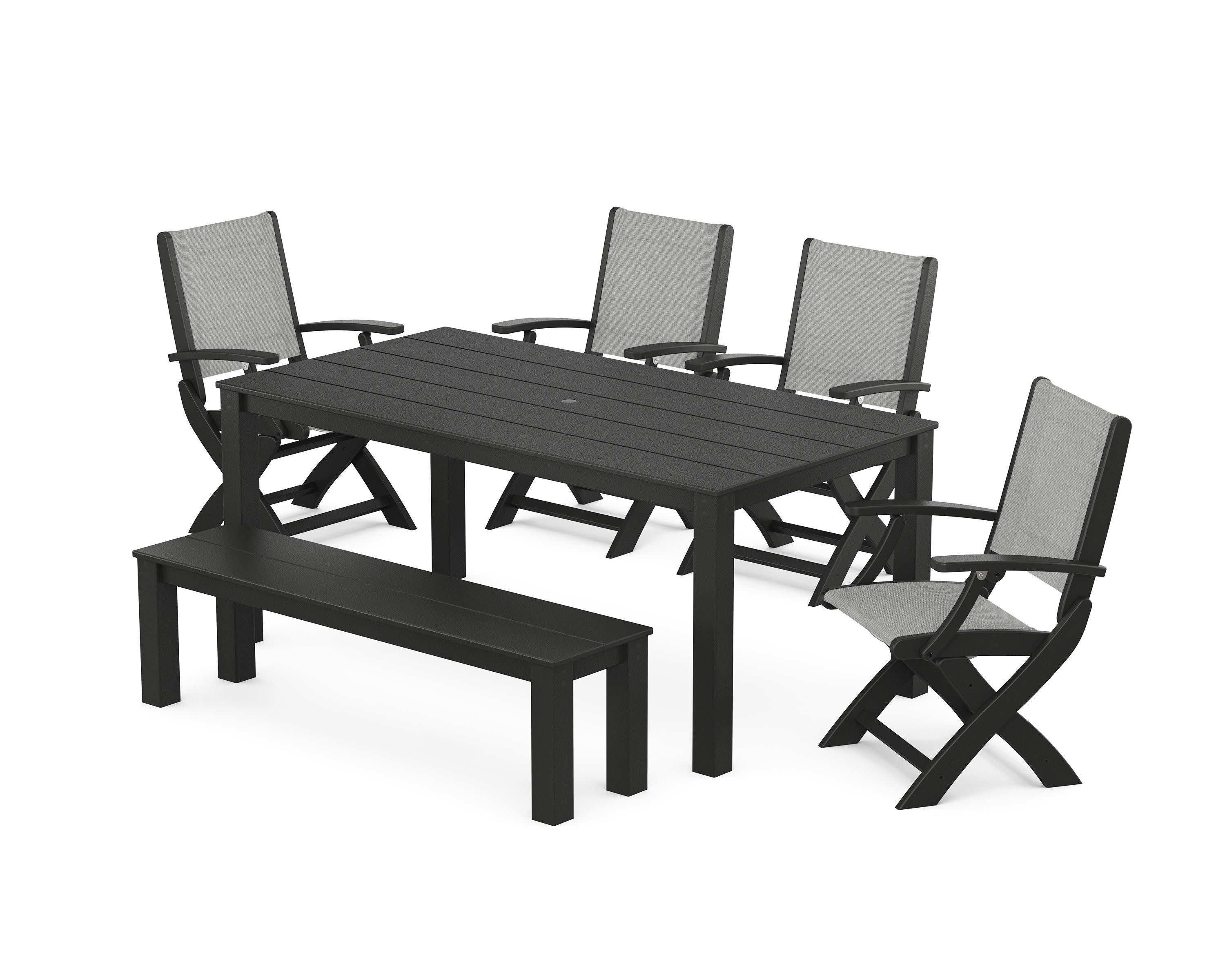 Coastal Folding Chair 6-Piece Parsons Dining Set with Bench in Black / Metallic Sling
