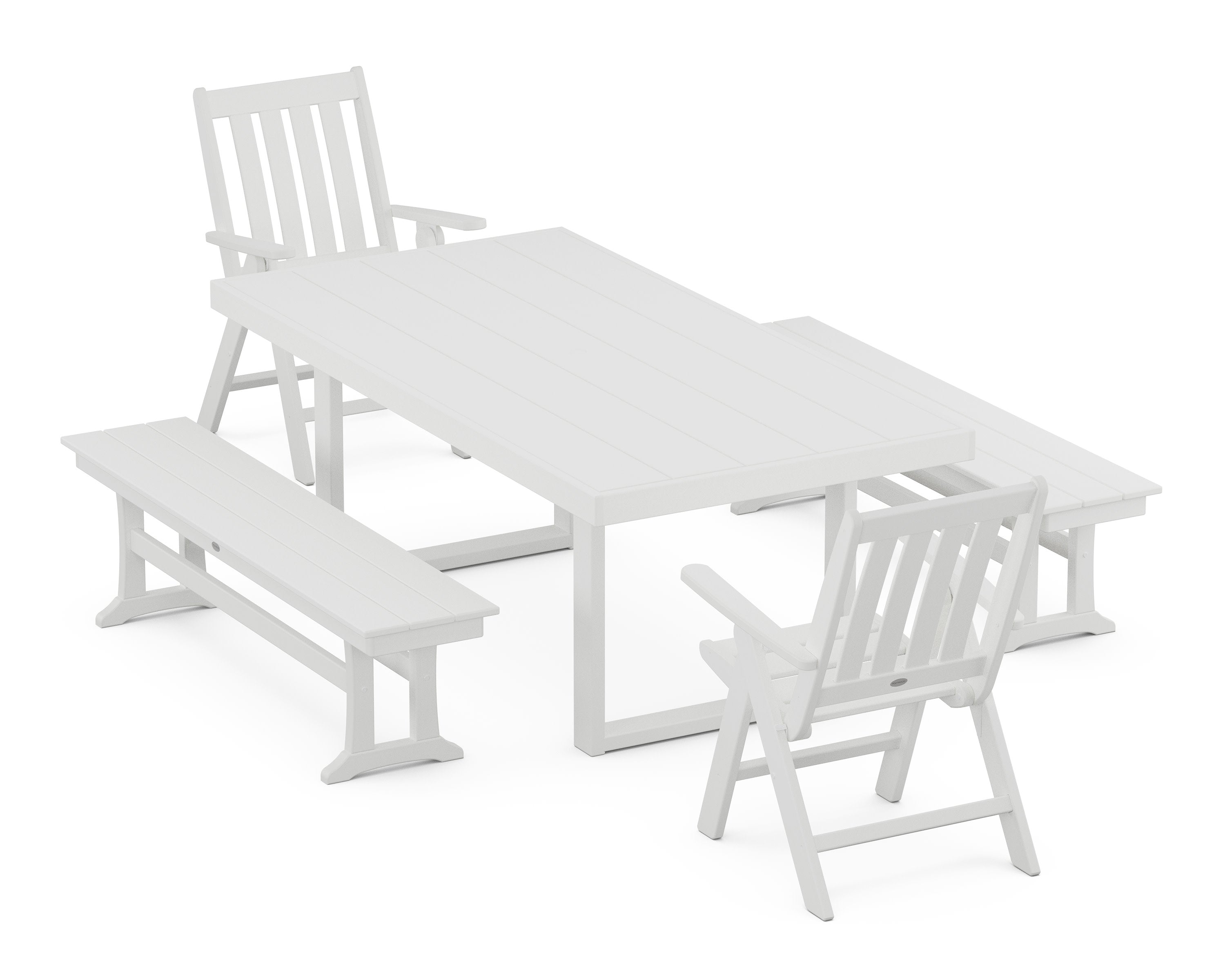 Vineyard Folding Chair 5-Piece Dining Set with Benches in White