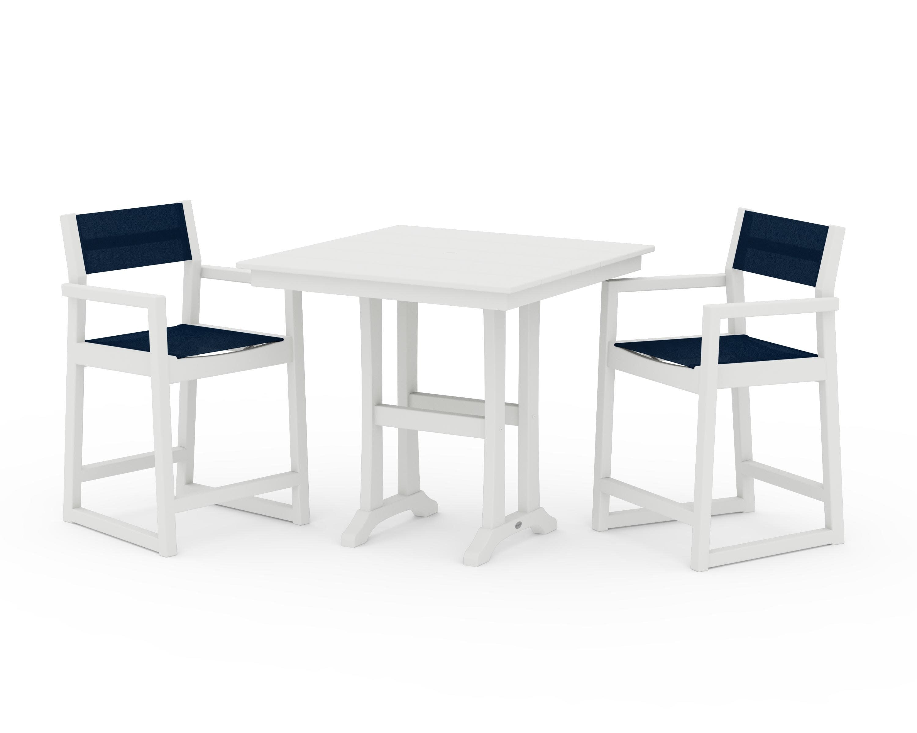 EDGE Sling Arm Chair 3-Piece Farmhouse Counter Set with Trestle Legs in Vintage White / Navy Blue Sling