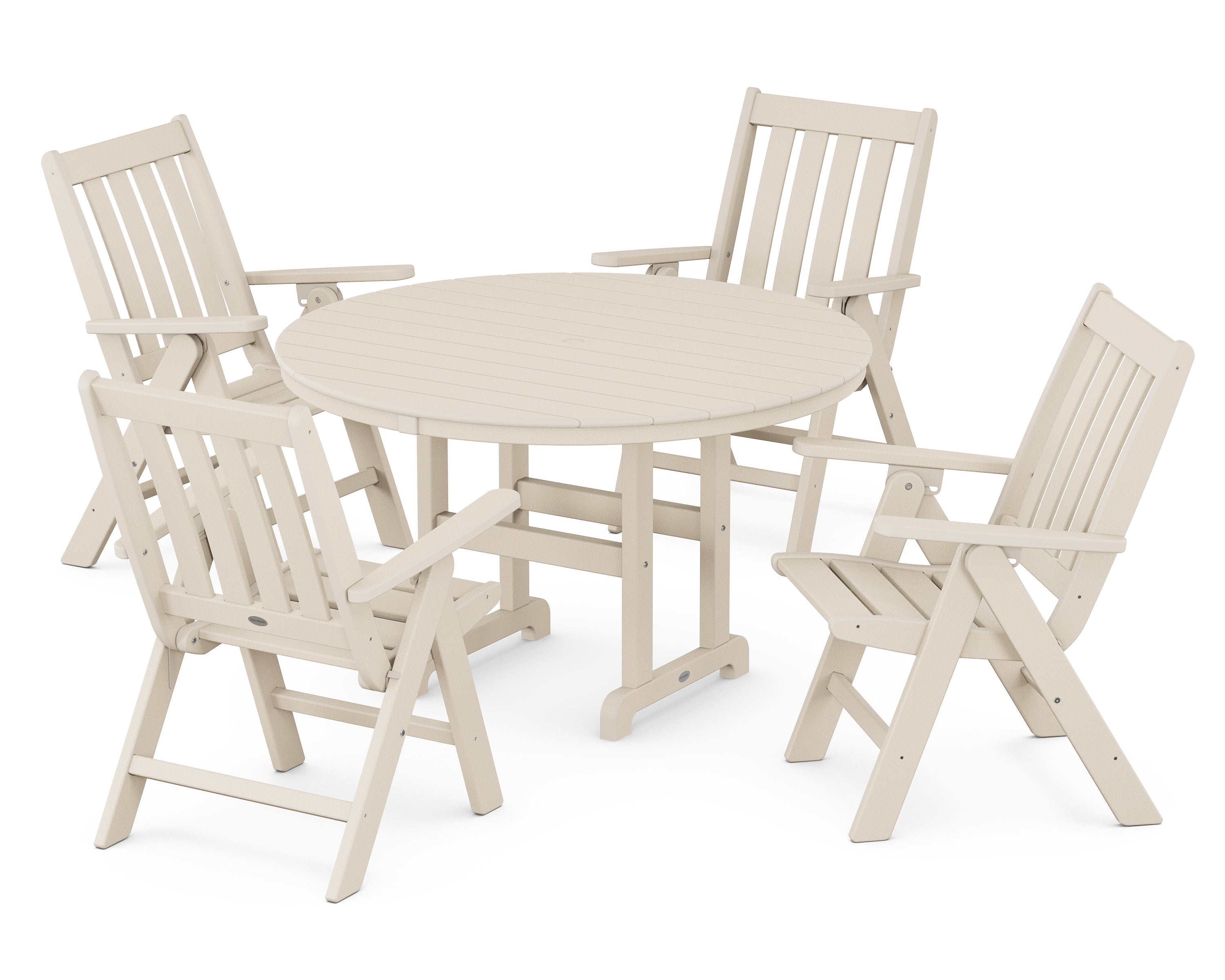 Vineyard Folding Chair 5-Piece Round Farmhouse Dining Set in Sand
