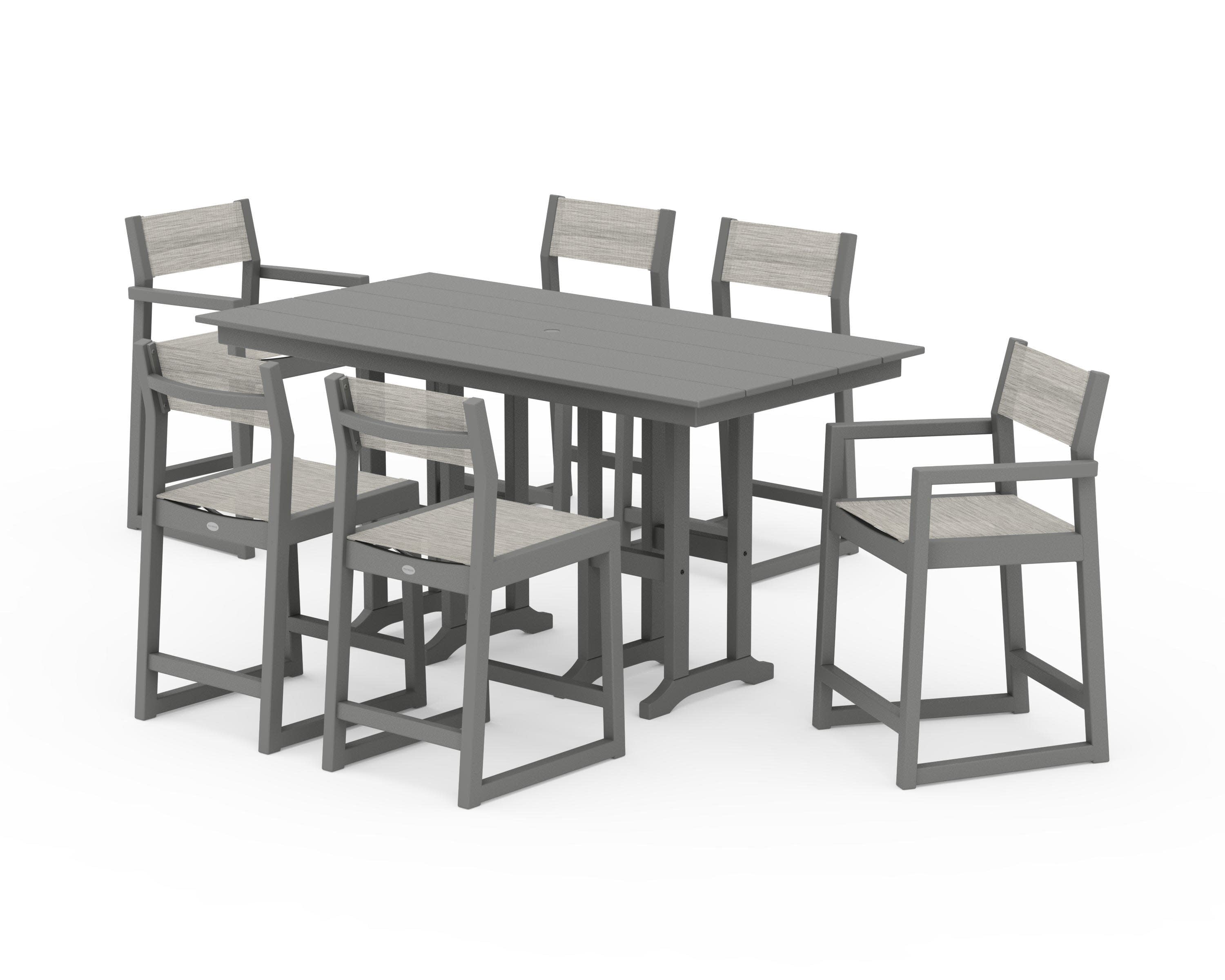 EDGE Sling 7-Piece Farmhouse Counter Set with Trestle Legs in Slate Grey / Birch Sling