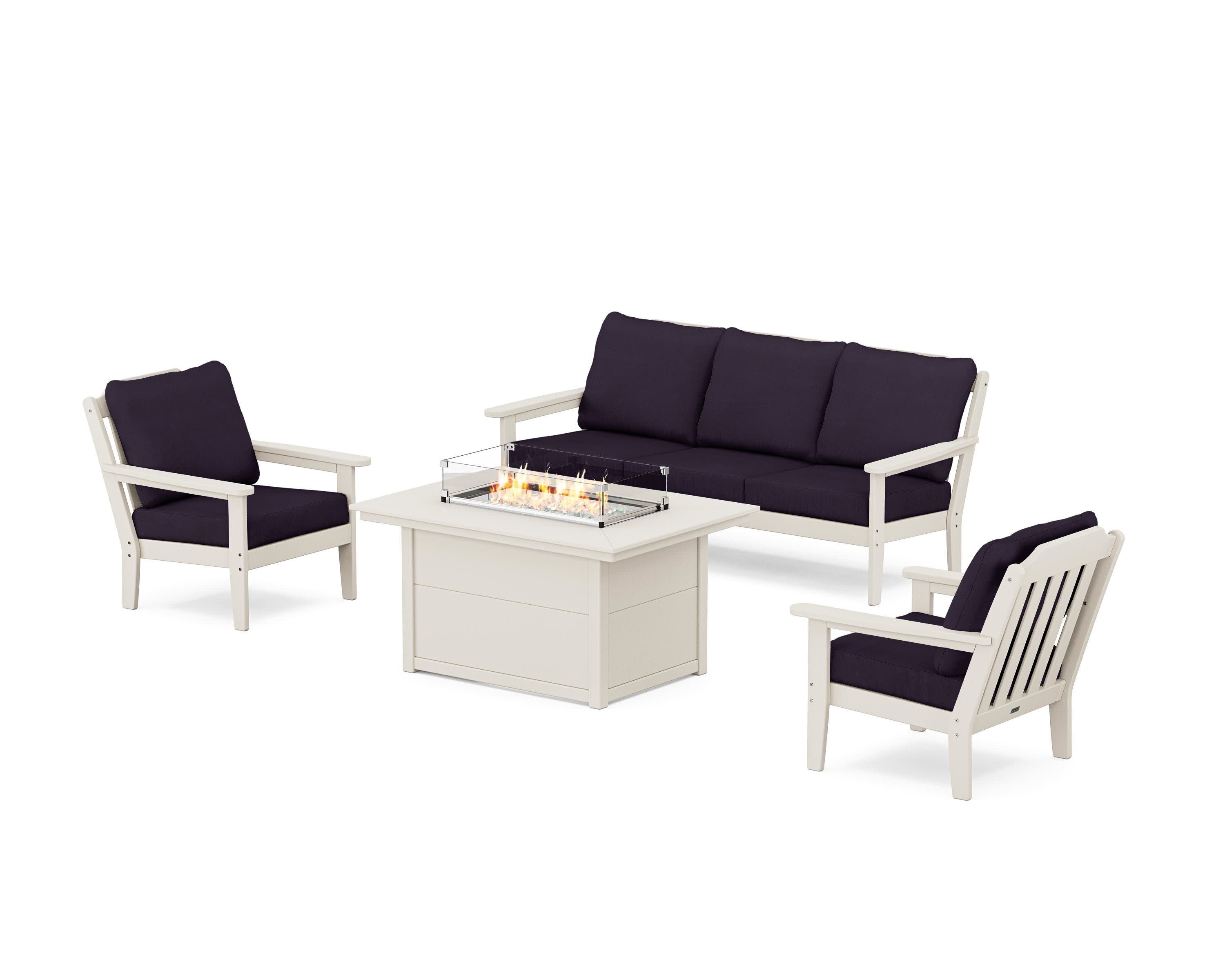 Cottage Deep Seating Fire Pit Table Set in Sand / Navy Linen