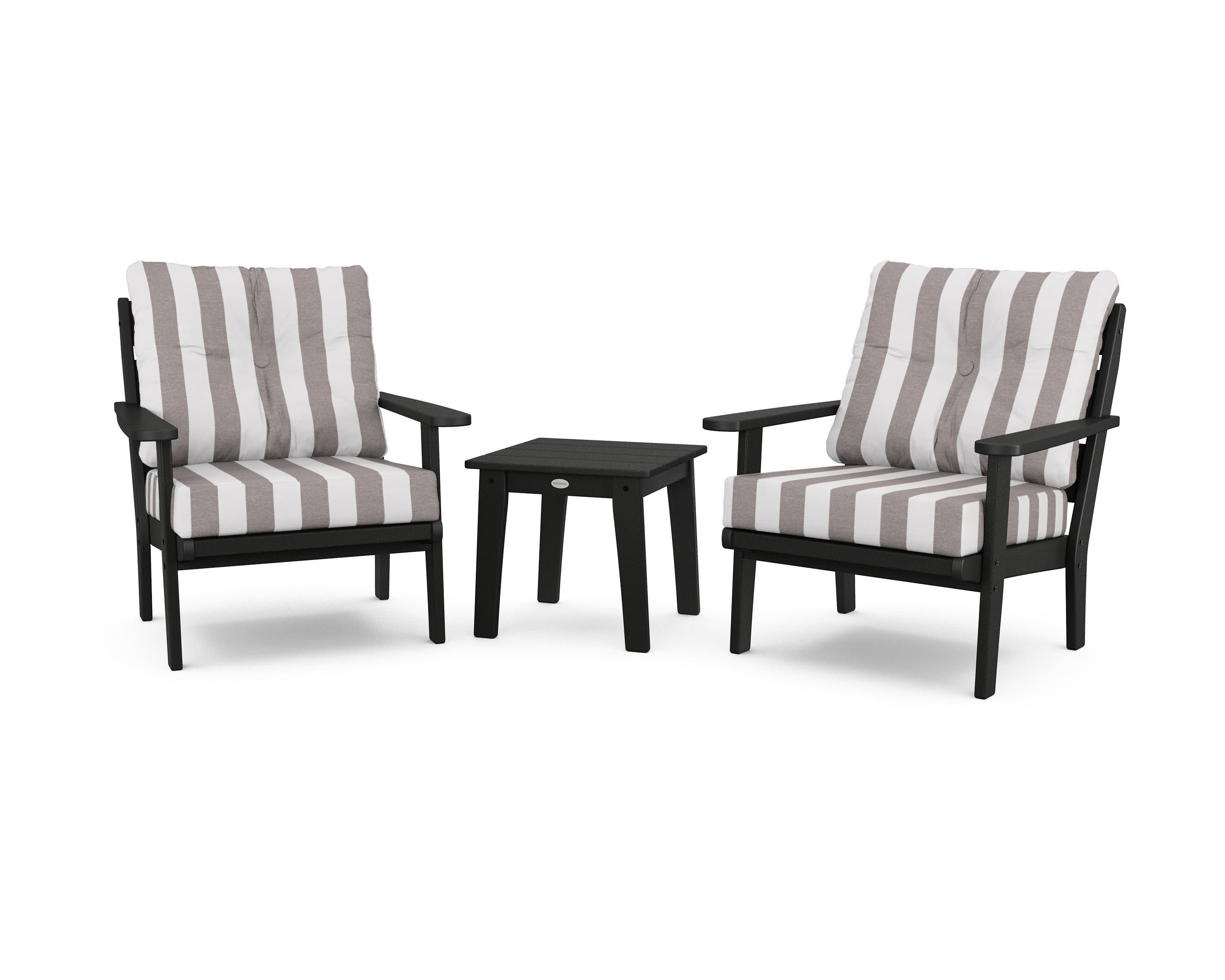 Lakeside 3-Piece Deep Seating Chair Set in Black / Cabana Stripe Grey Mist