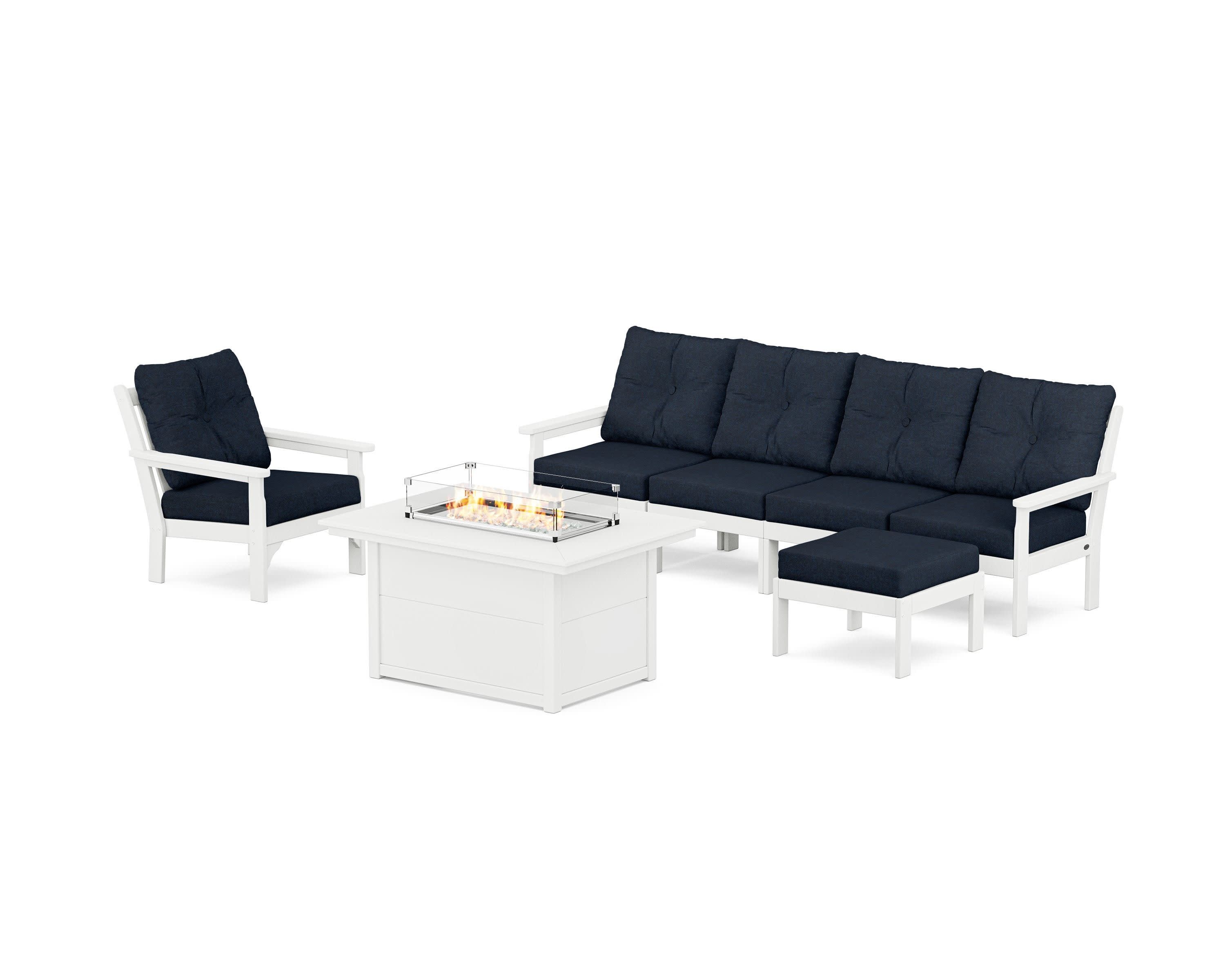 Vineyard Sectional Lounge and Fire Pit Set in White / Marine Indigo