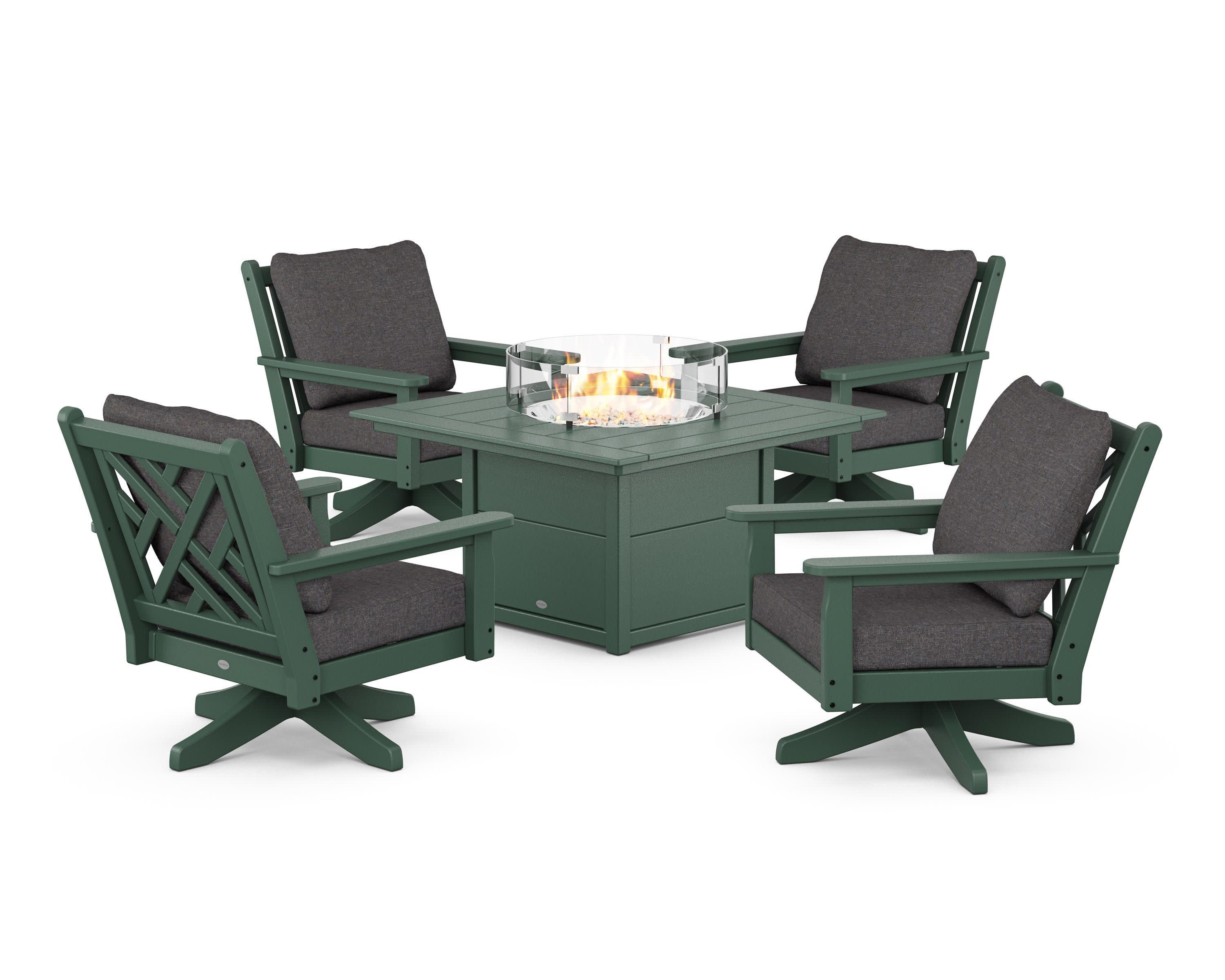 Chippendale 5-Piece Deep Seating Swivel Conversation Set with Fire Pit Table in Green / Ash Charcoal
