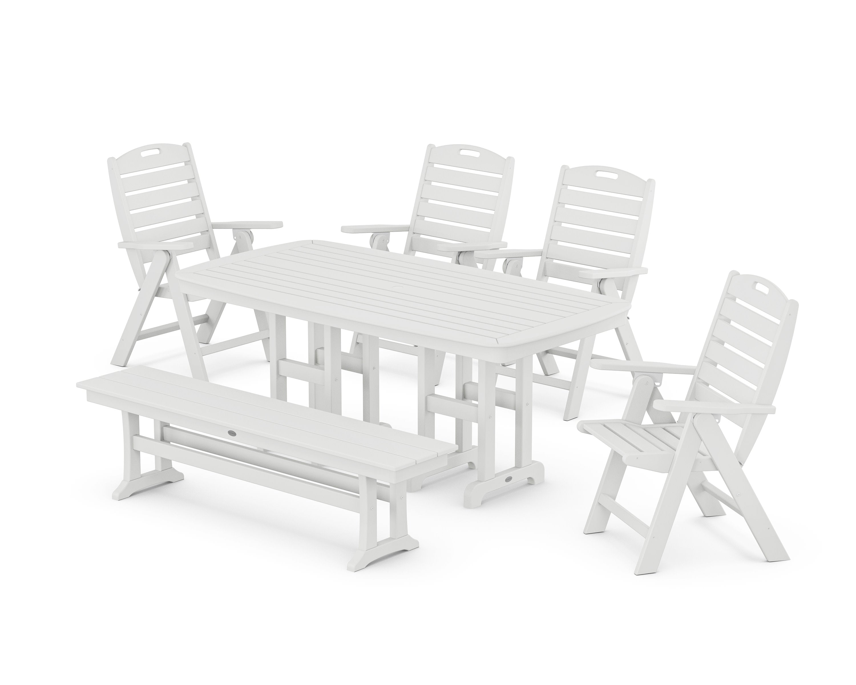 Nautical Highback 6-Piece Dining Set with Bench in White