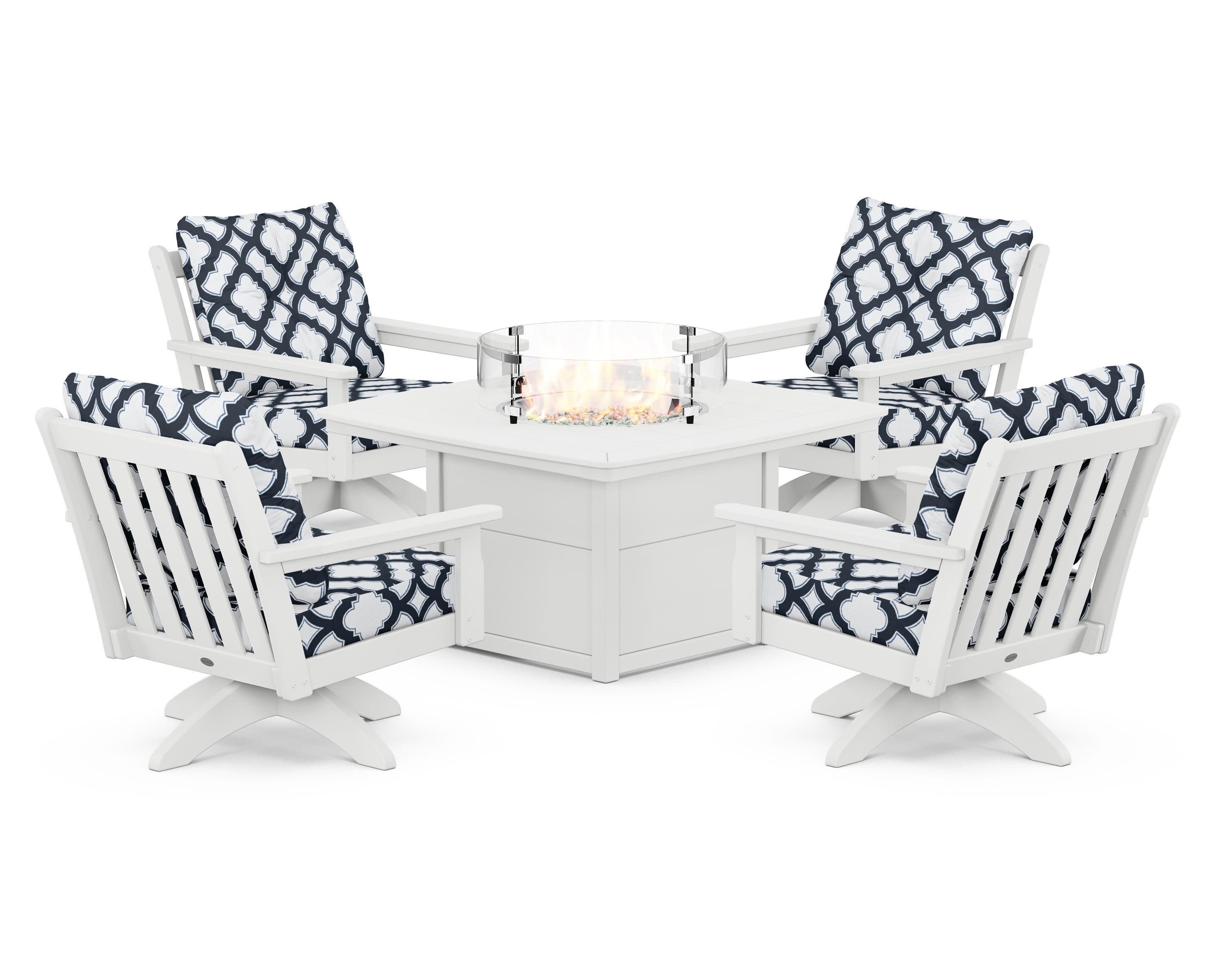 Vineyard 5-Piece Deep Seating Swivel Conversation Set with Fire Pit Table in White / Trellis Marine Indigo