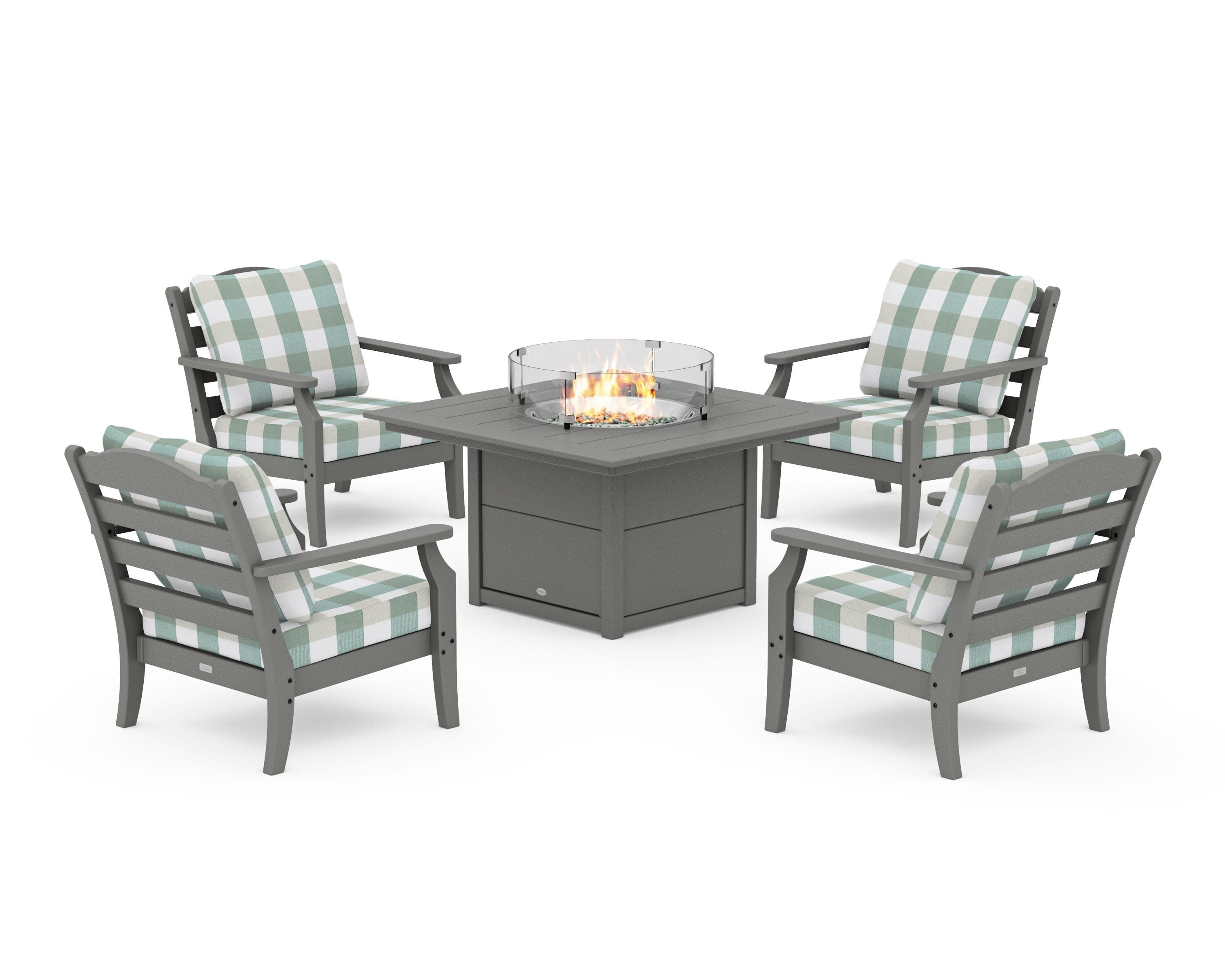 Savannah 5-Piece Deep Seating Set with Fire Pit Table in Slate Grey / Buffalo Plaid Glacier Spa